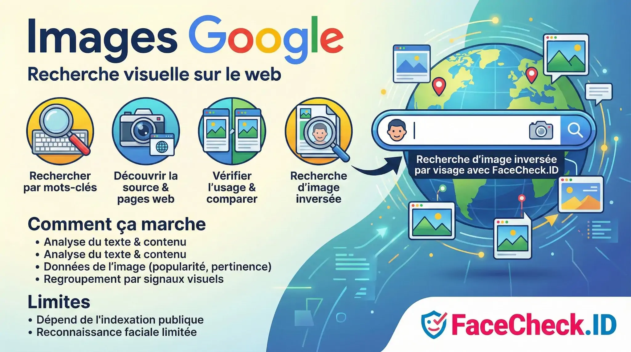 Infographie expliquant le fonctionnement de la recherche Images Google et lalternative FaceCheck.ID pour la reconnaissance faciale.
