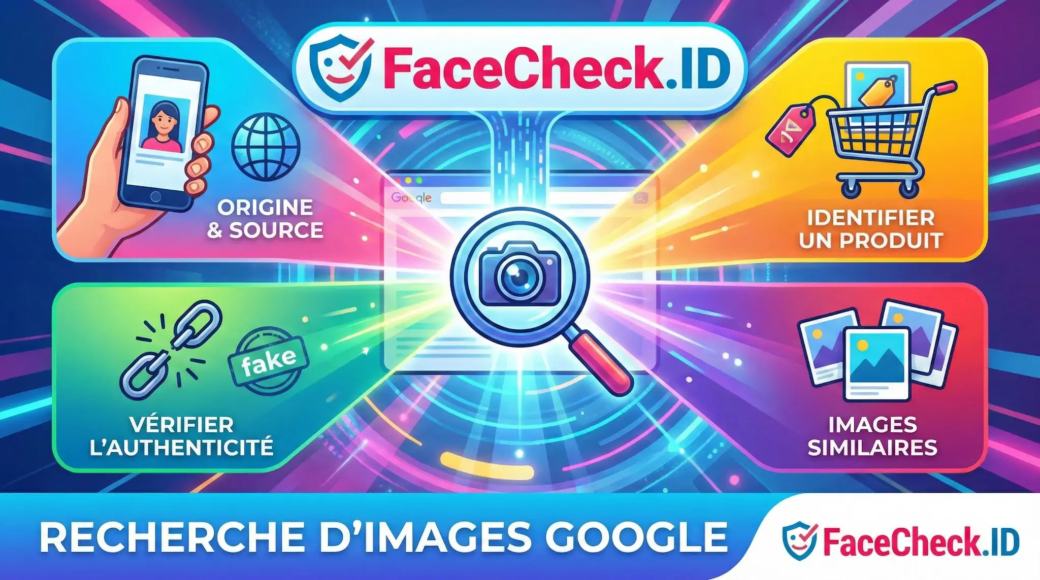 Infographie FaceCheck.ID montrant les usages de la Recherche Dimages Google : trouver la source, vérifier lauthenticité et identifier des produits.