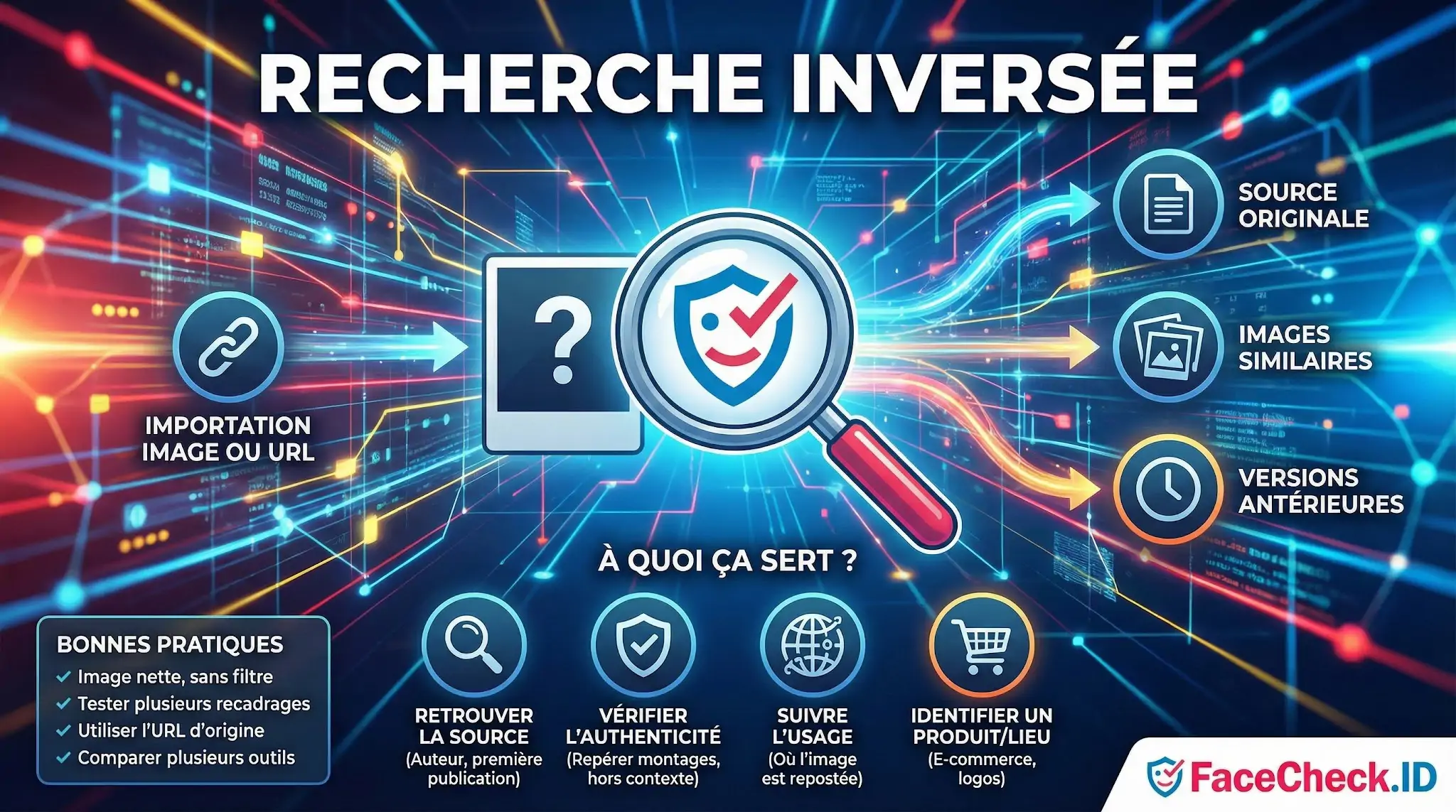 Infographie sur la Recherche Inversée expliquant comment importer une image pour trouver sa source originale, des images similaires ou des versions antérieures.