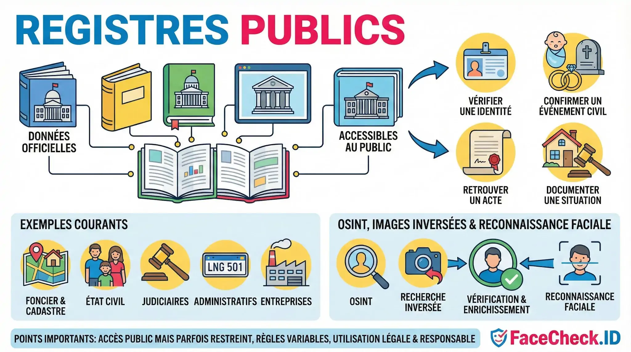Infographie sur les Registres Publics : données officielles, état civil, cadastre et outils de vérification didentité OSINT.