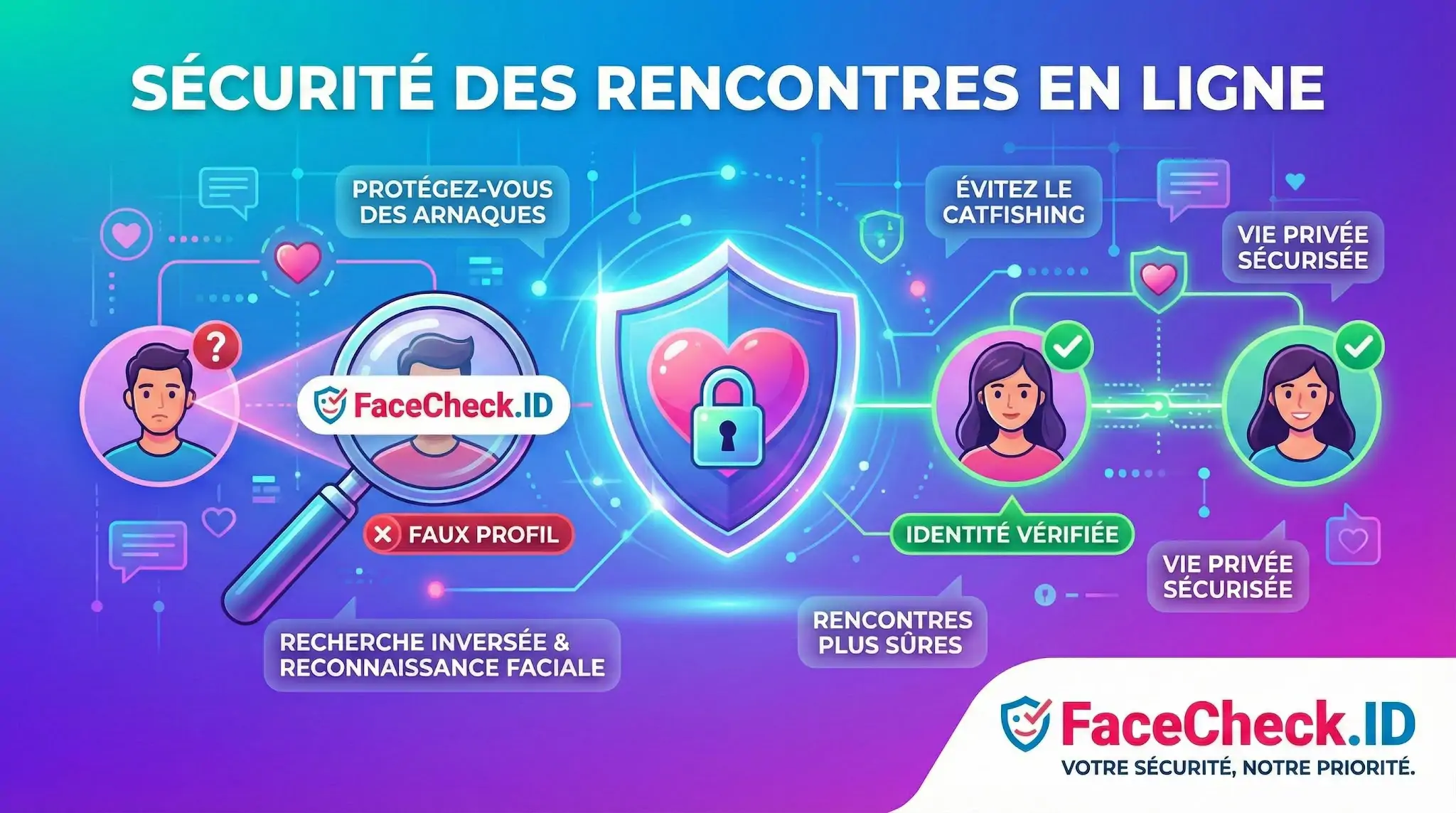 Illustration sur la sécurité des rencontres en ligne: FaceCheck.ID vérifie lidentité, détecte les faux profils et protège contre le catfishing.