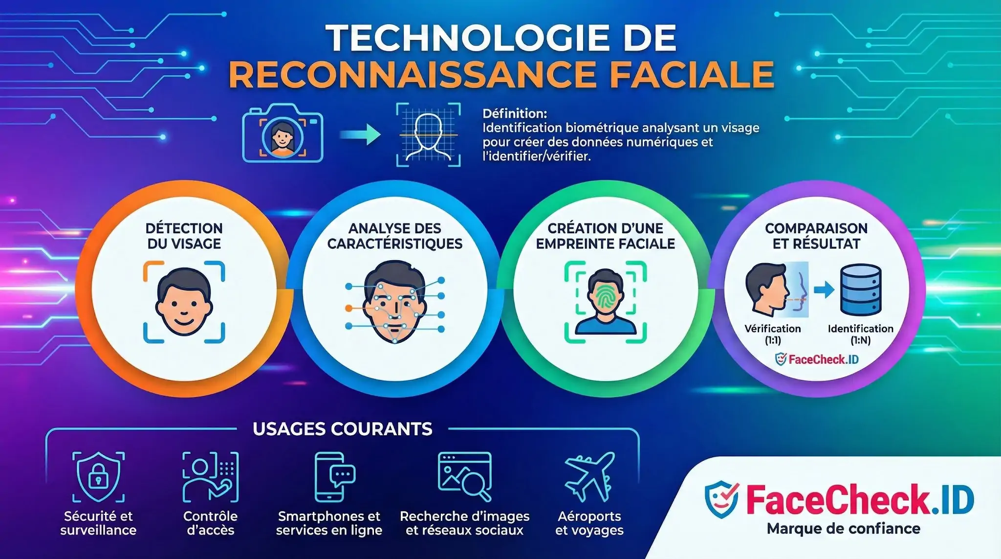 Infographie expliquant la technologie de reconnaissance faciale en quatre étapes clés et ses usages courants par FaceCheck.ID.