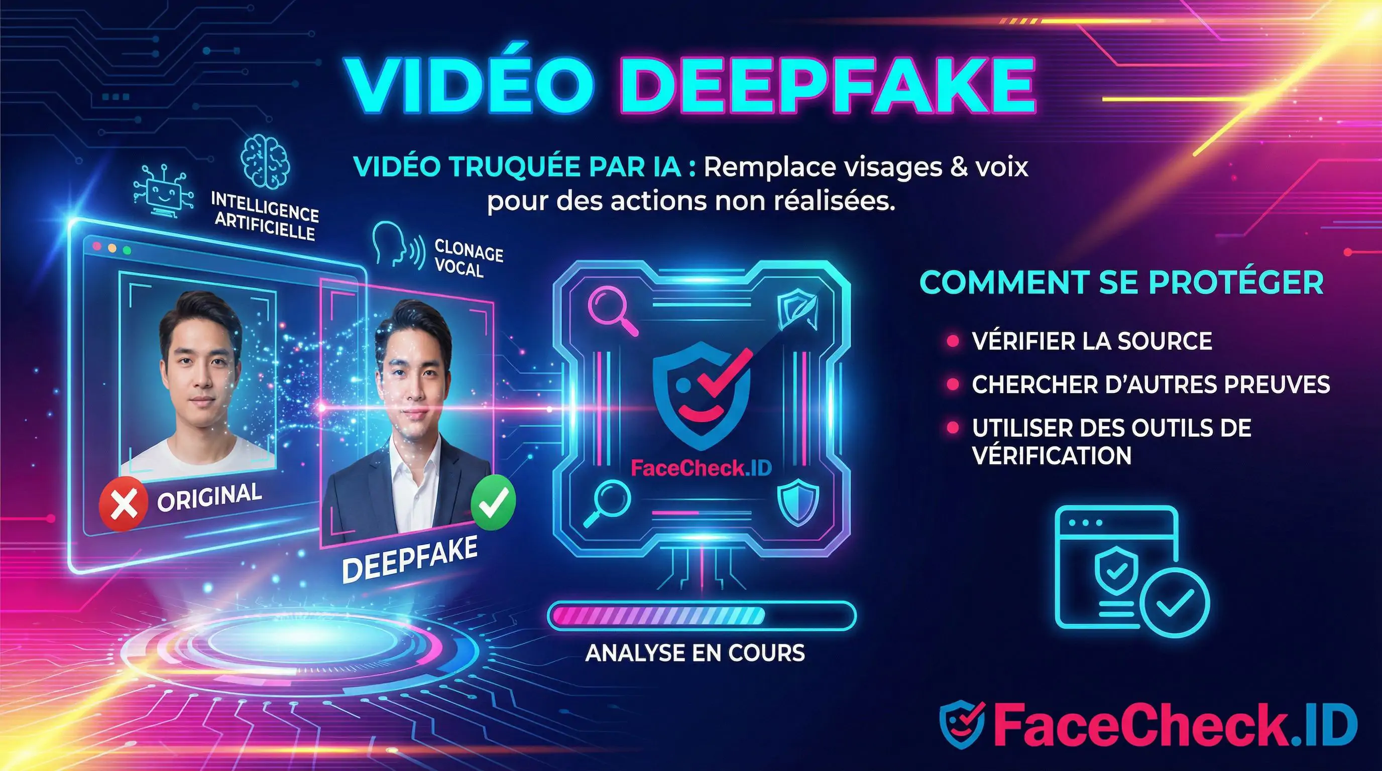 Infographie sur la vidéo Deepfake expliquant le trucage par IA, le clonage vocal et les conseils de protection comme vérifier la source avec FaceCheck.ID.
