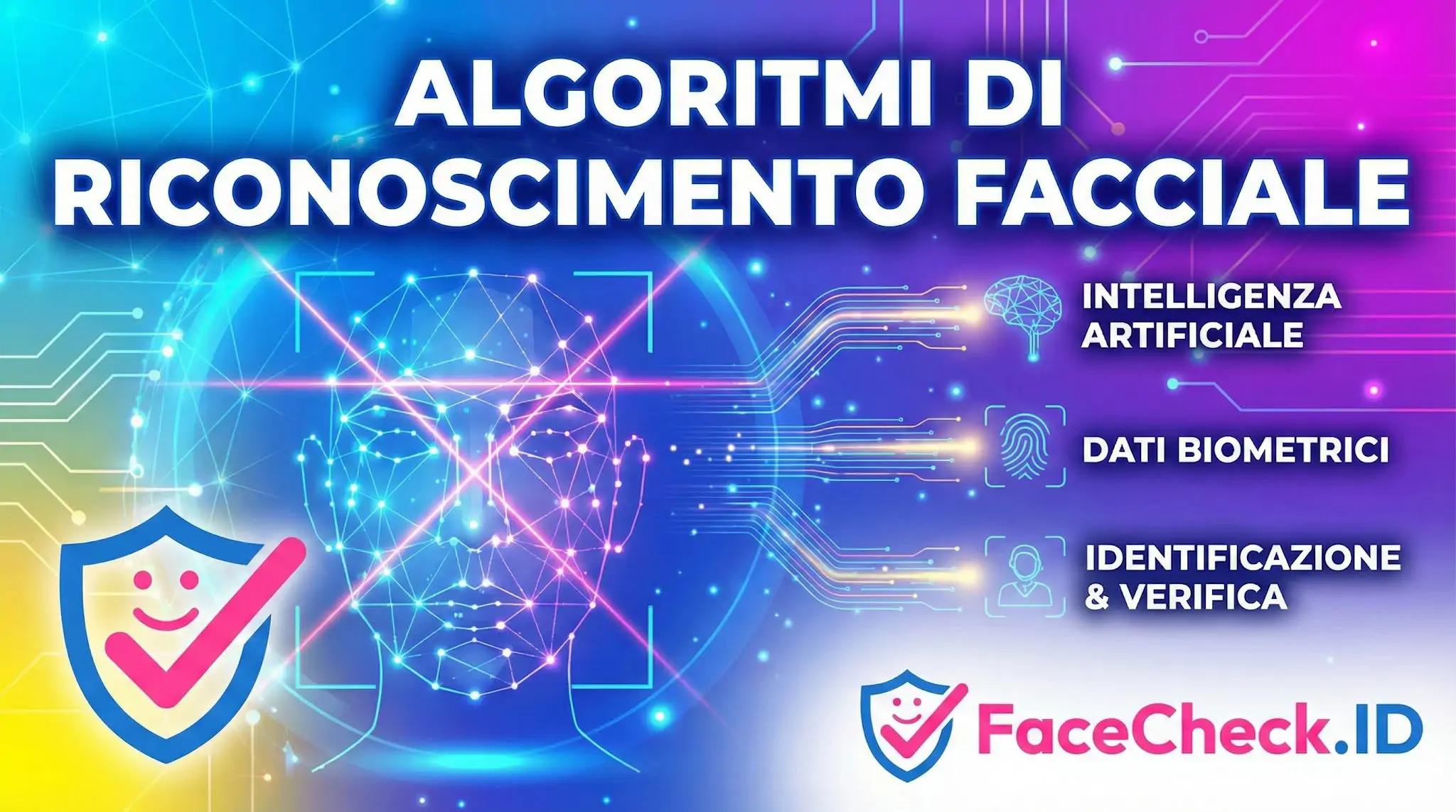 Grafica futuristica sugli Algoritmi Di Riconoscimento Facciale con scansione biometrica di un volto e icone su AI e verifica.