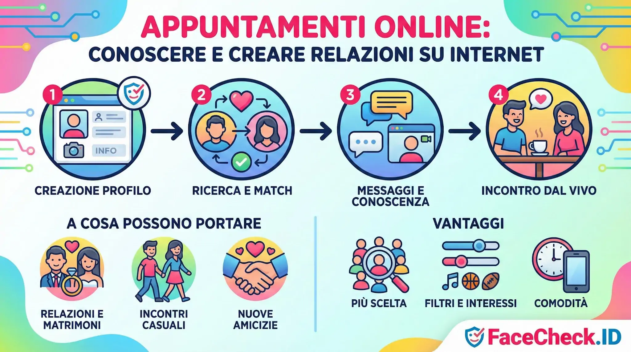 Infografica sugli Appuntamenti Online che spiega come creare un profilo, cercare match, chattare e incontrarsi dal vivo, i possibili risultati e i vantaggi.