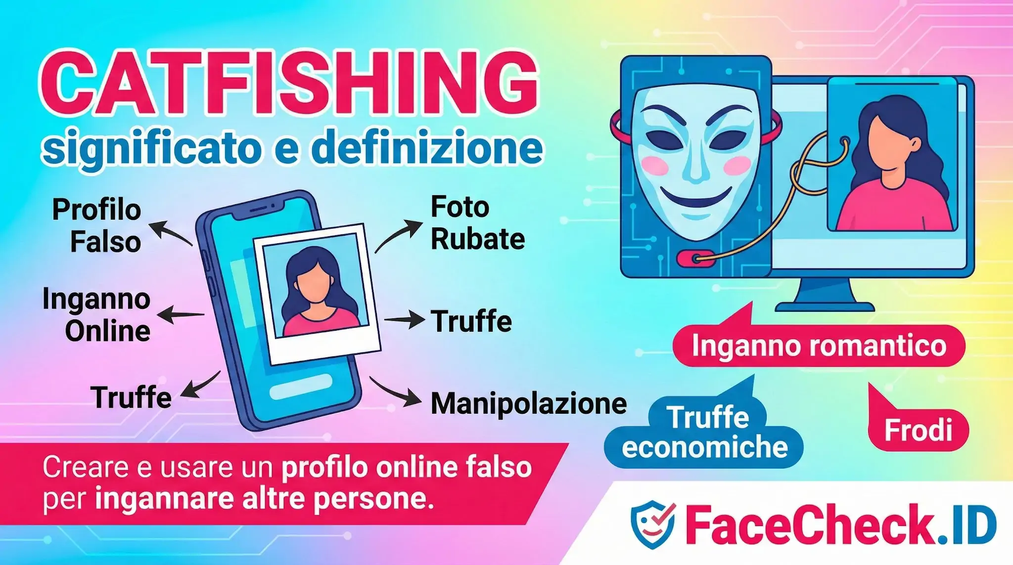 Grafica sul catfishing con definizione, smartphone e maschera che simboleggiano inganno online, profili falsi e truffe romantiche.