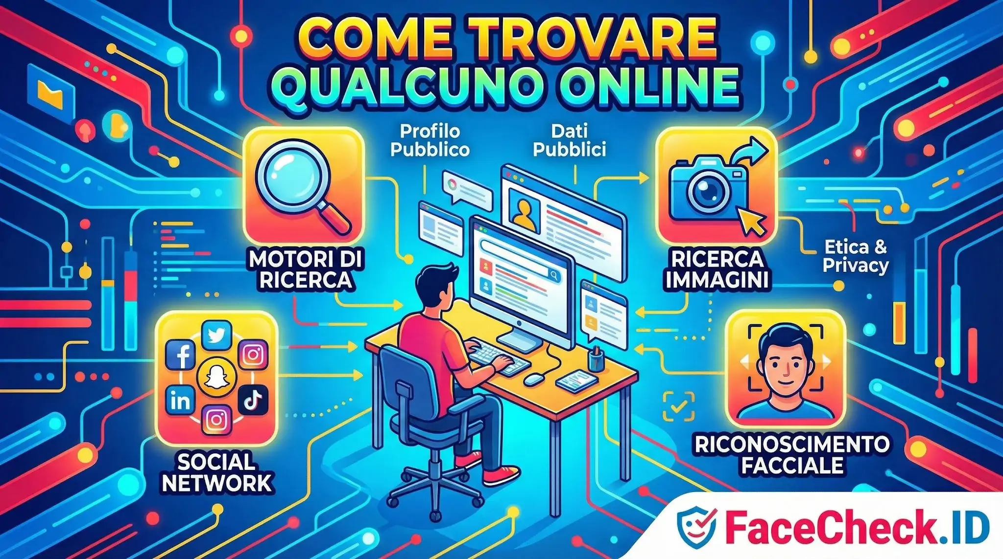 Come Trovare Qualcuno Online Infografica su come trovare qualcuno online tramite motori di ricerca, social network, ricerca immagini e riconoscimento facciale.