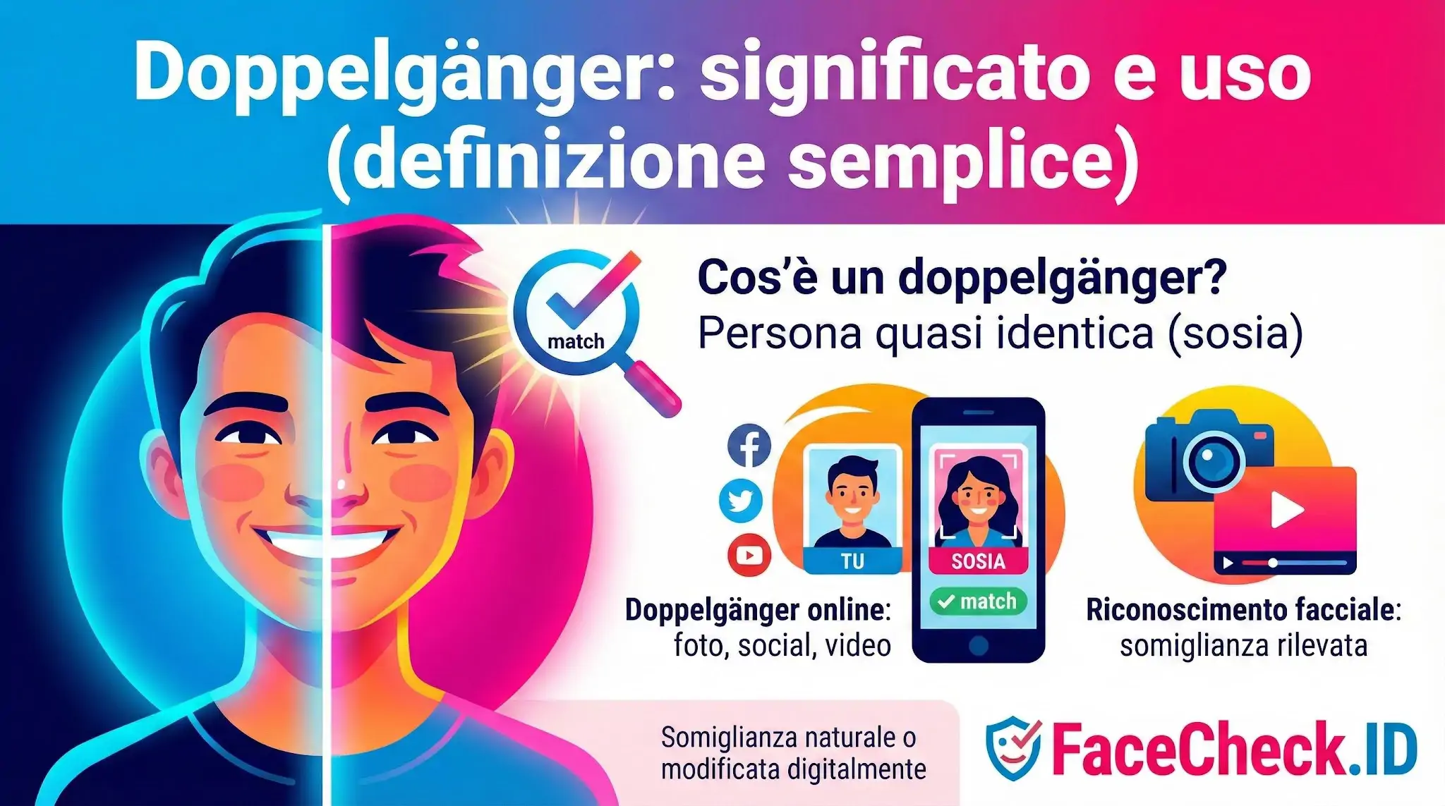 Infografica che spiega il significato di Doppelgänger come persona quasi identica o sosia, con esempi di riconoscimento facciale online.