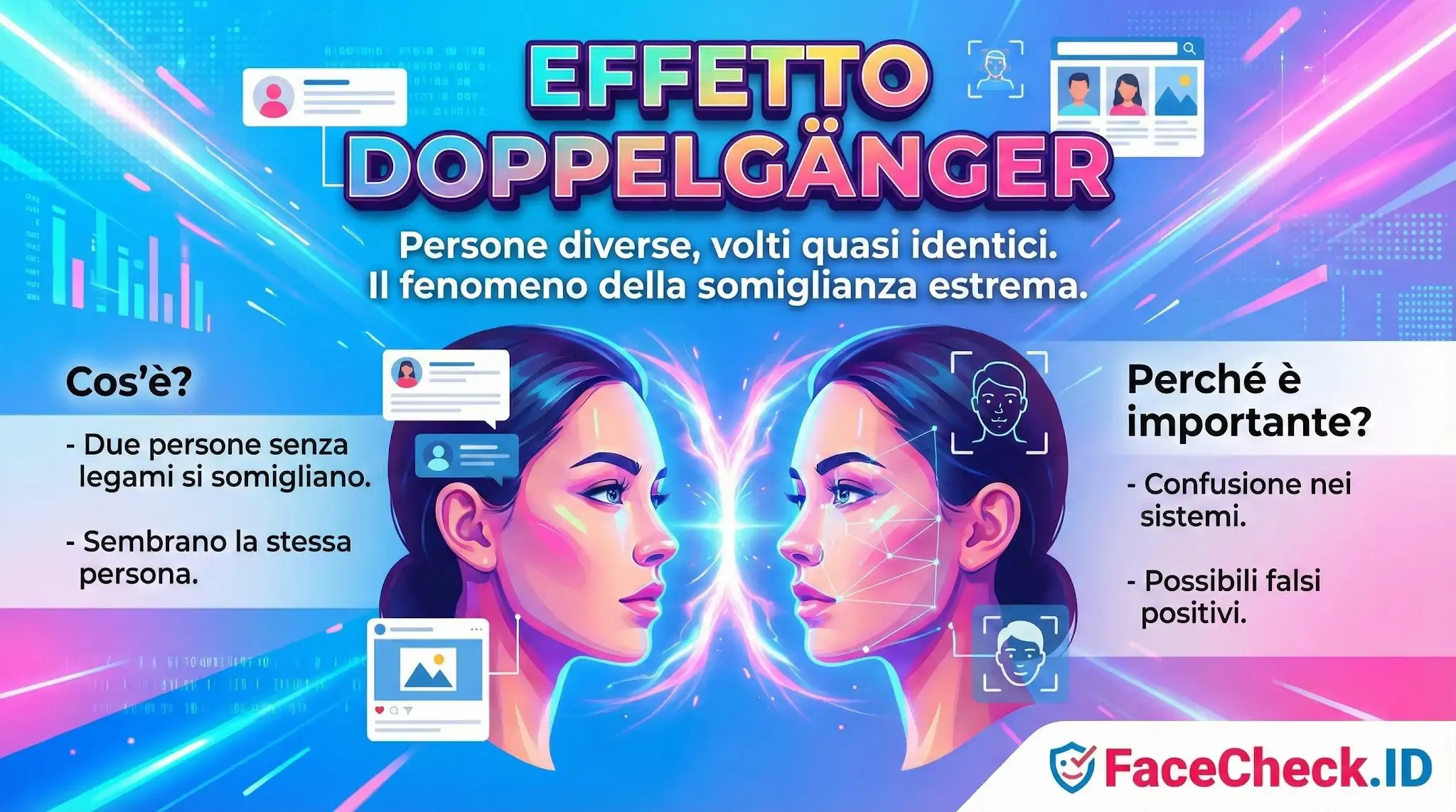 Infografica sullEffetto Doppelgänger: due volti identici a confronto che spiegano il fenomeno della somiglianza estrema e implicazioni per il riconoscimento facciale.