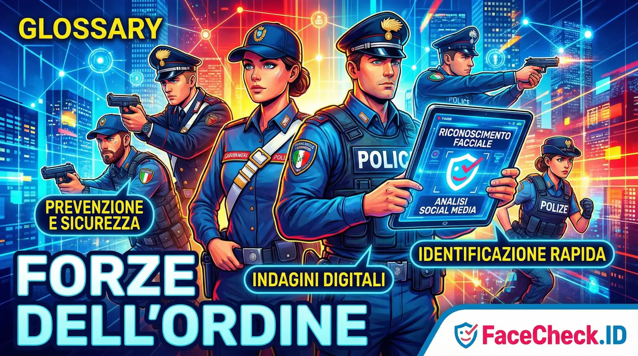 Grafica Forze dellordine italiane con tablet per riconoscimento facciale, pistole e slogan su sicurezza e indagini digitali.