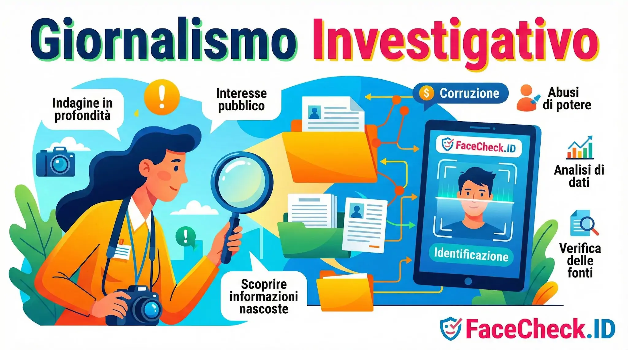 Giornalismo Investigativo Infografica sul giornalismo investigativo che illustra indagini approfondite, analisi dati e luso di tecnologia come il riconoscimento facciale.