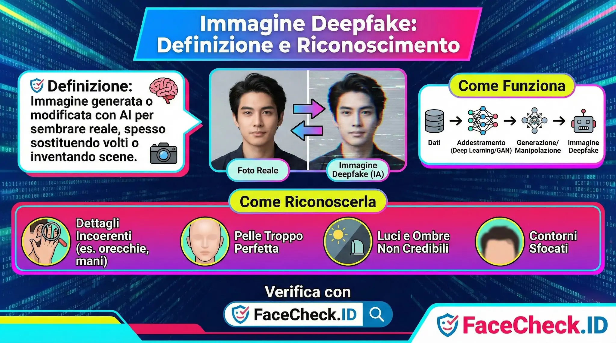 Schema su cosè unImmagine Deepfake generata da IA e come riconoscerla da dettagli come pelle perfetta, ombre errate o contorni sfocati.