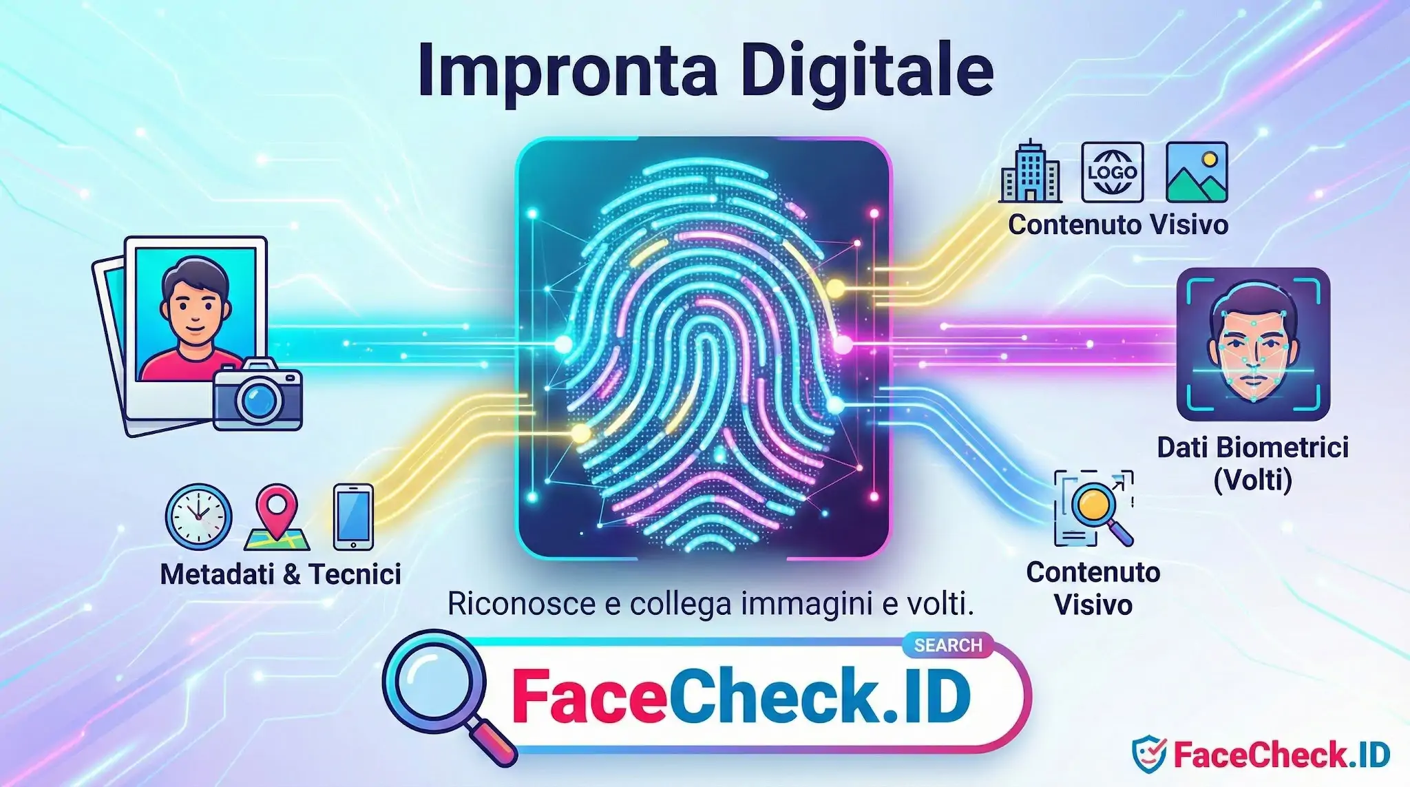 Infografica sullimpronta digitale che mostra lanalisi di metadati, contenuti visivi e dati biometrici per il riconoscimento volti su FaceCheck.ID