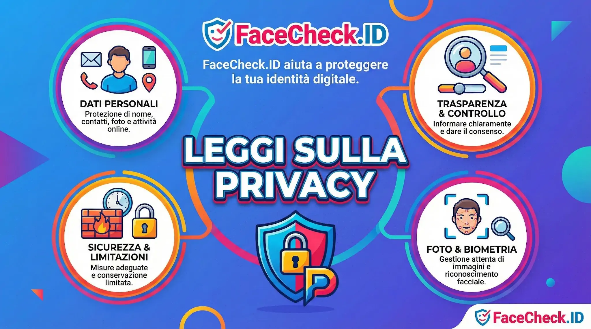 Infografica FaceCheck.ID sulle Leggi Sulla Privacy con focus su dati personali, trasparenza, sicurezza e biometria.