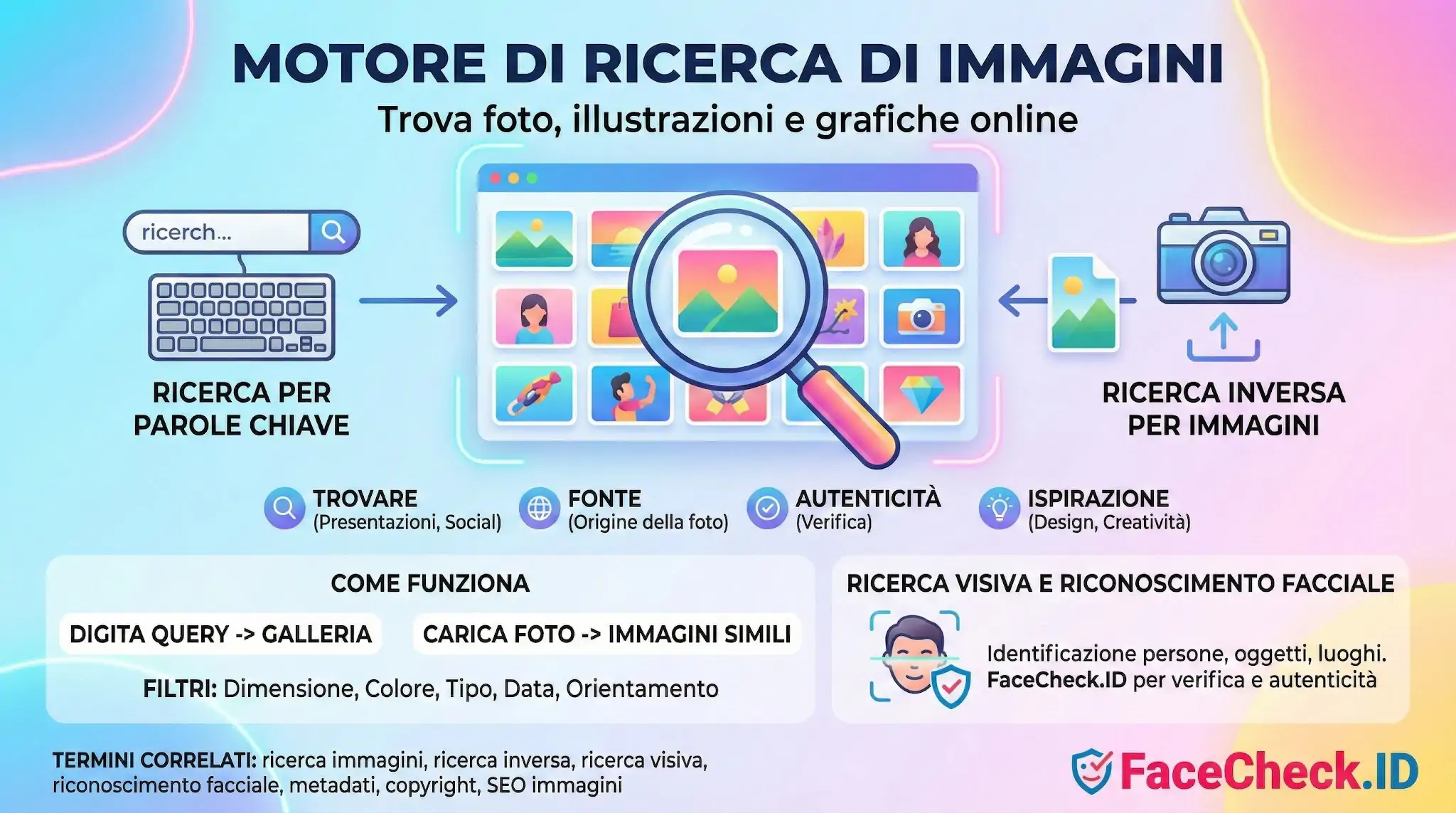Infografica sul funzionamento di un Motore Di Ricerca Di Immagini: spiega la ricerca per parole chiave, la ricerca inversa, i filtri e luso di FaceCheck.ID per la verifica.