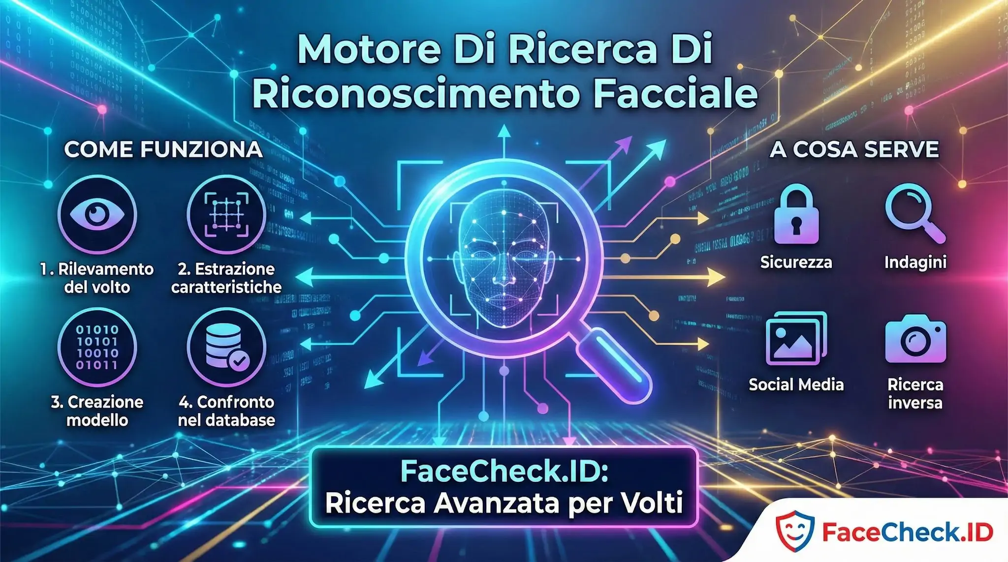 Infografica sul funzionamento del motore di ricerca di riconoscimento facciale FaceCheck.ID con passaggi chiave come rilevamento, confronto e usi per sicurezza.