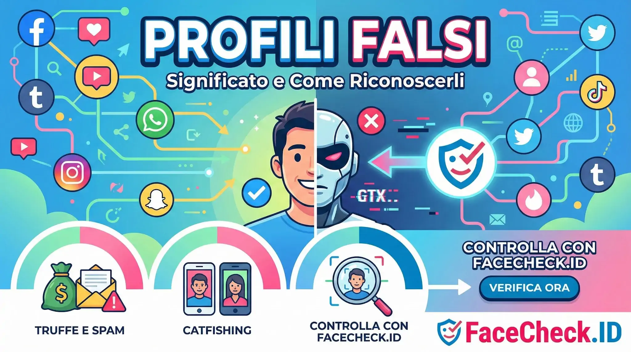 Guida sui Profili Falsi: significato e come riconoscerli. Mostra un volto metà umano metà robot, icone social e avvisi su truffe, spam e catfishing.