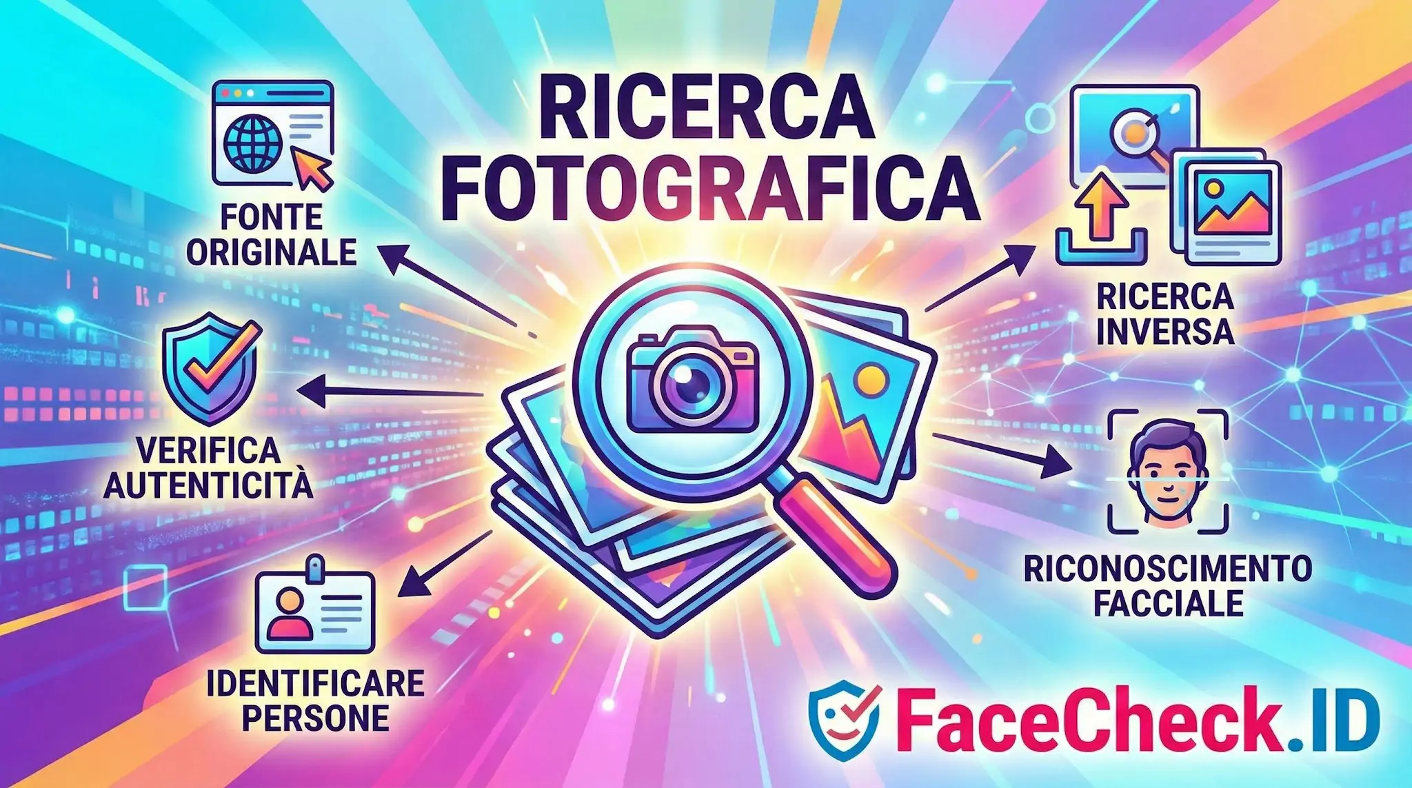 Infografica sulla ricerca fotografica che illustra funzioni come verifica autenticità, riconoscimento facciale e ricerca inversa con FaceCheck.ID.