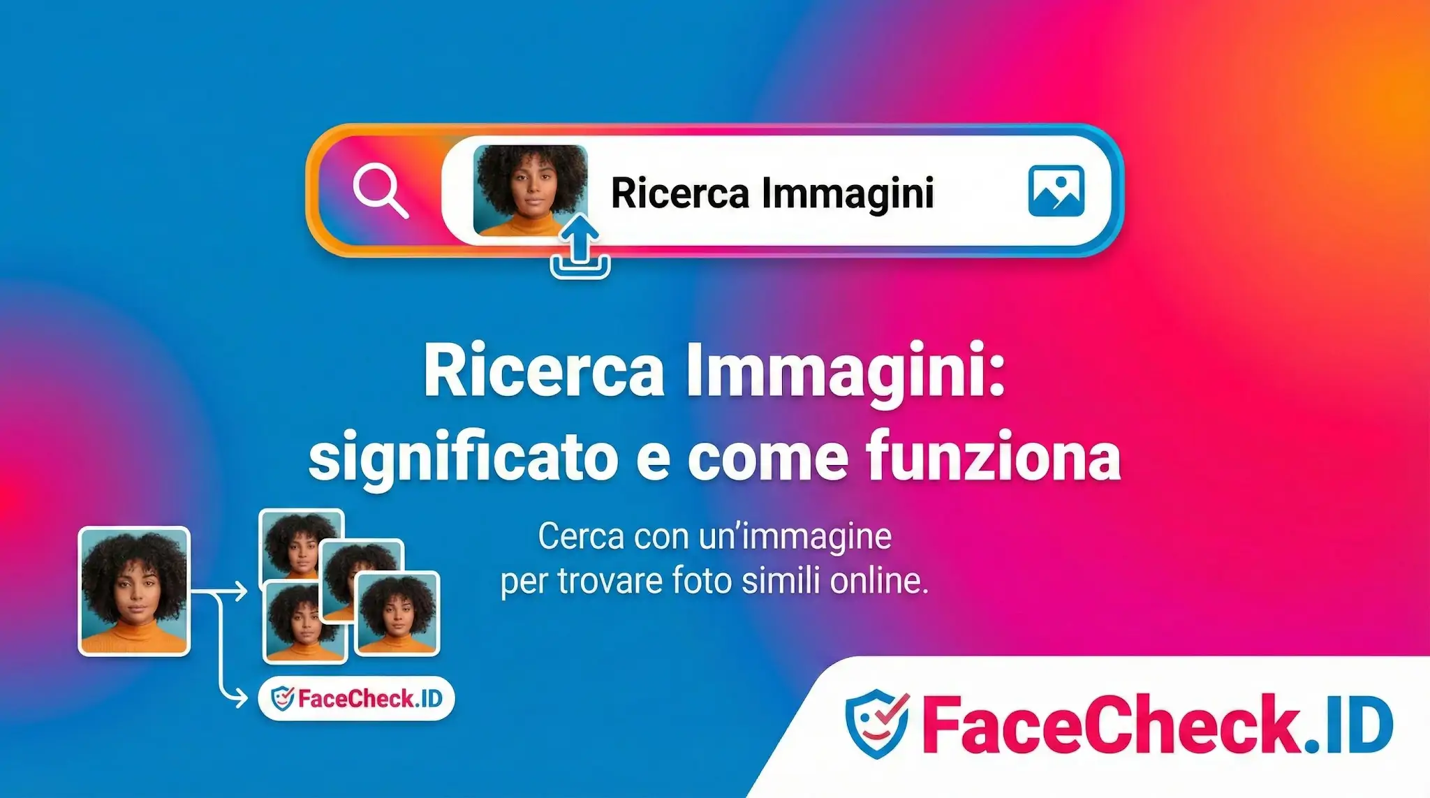 Grafica che spiega la ricerca immagini: caricando una foto di una donna, lo strumento FaceCheck.ID trova profili simili online.