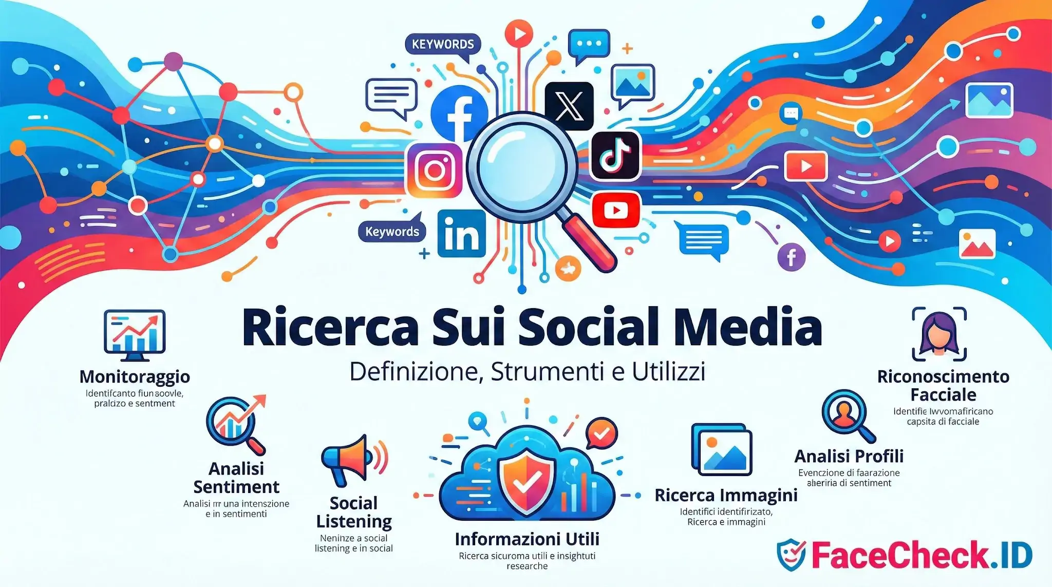 Infografica su Ricerca Sui Social Media che spiega definizione e strumenti come Monitoraggio, Social Listening e Riconoscimento Facciale.
