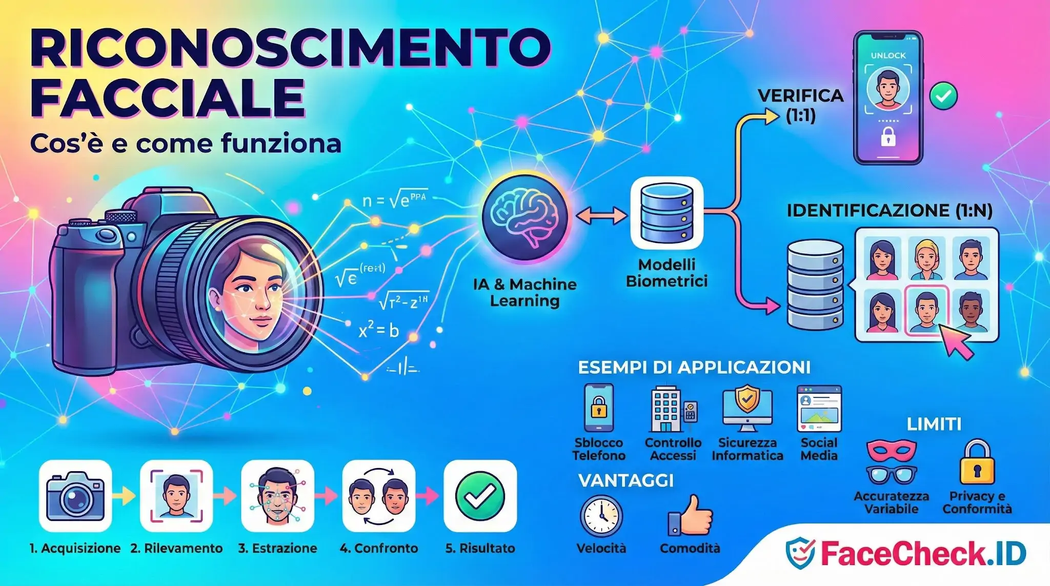 Infografica sul funzionamento del riconoscimento facciale che spiega acquisizione, IA, verifica e identificazione con esempi di vantaggi e limiti.