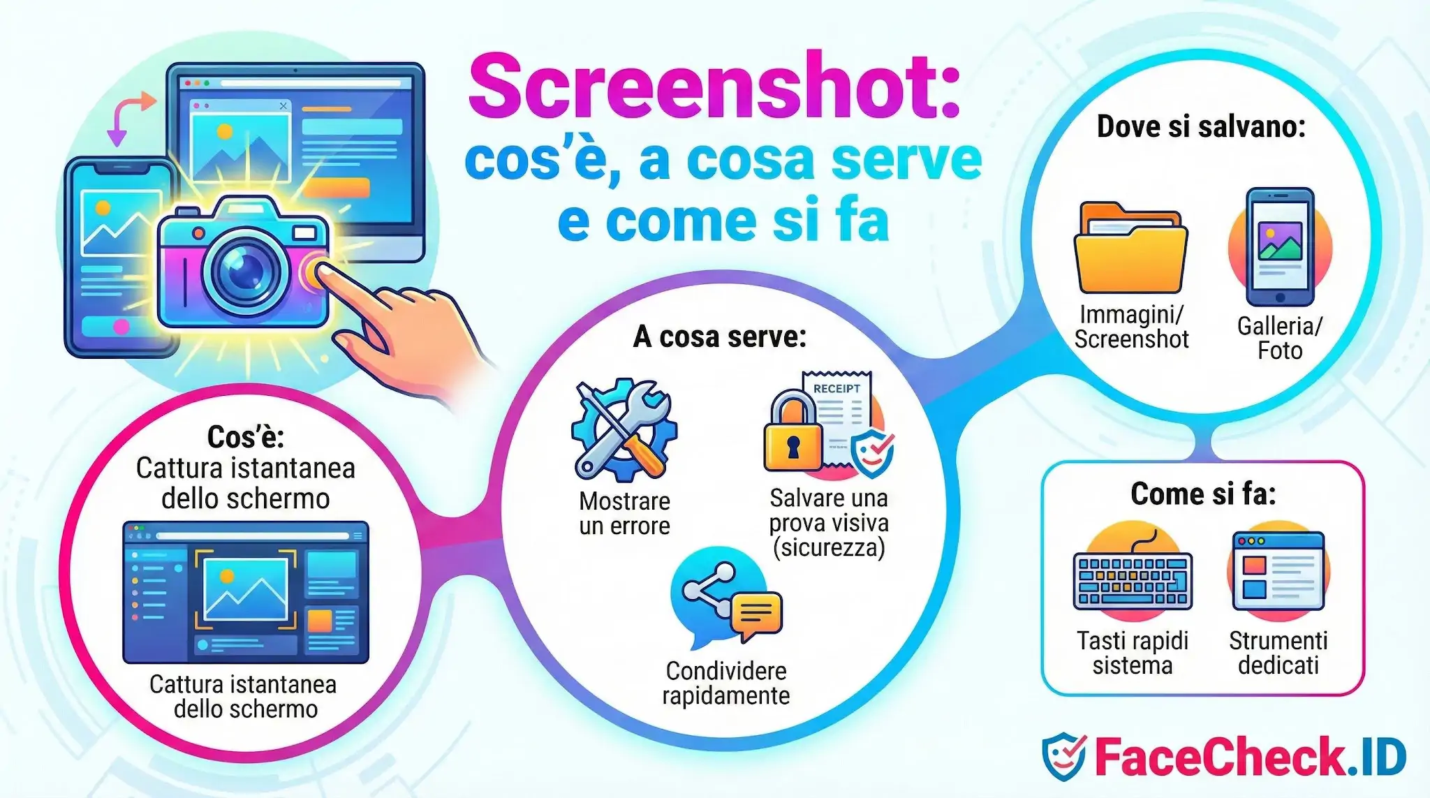 Infografica che spiega il Screenshot: cosè, a cosa serve per mostrare errori o salvare prove e come si esegue.
