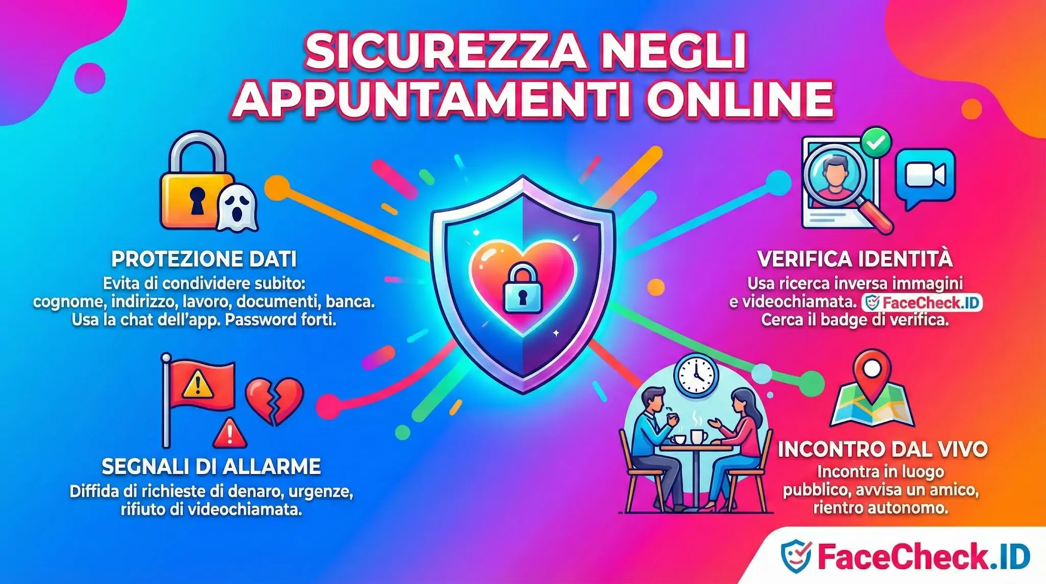 Infografica sulla sicurezza negli appuntamenti online con consigli su protezione dati, verifica identità tramite videochiamata e incontri in luoghi pubblici.
