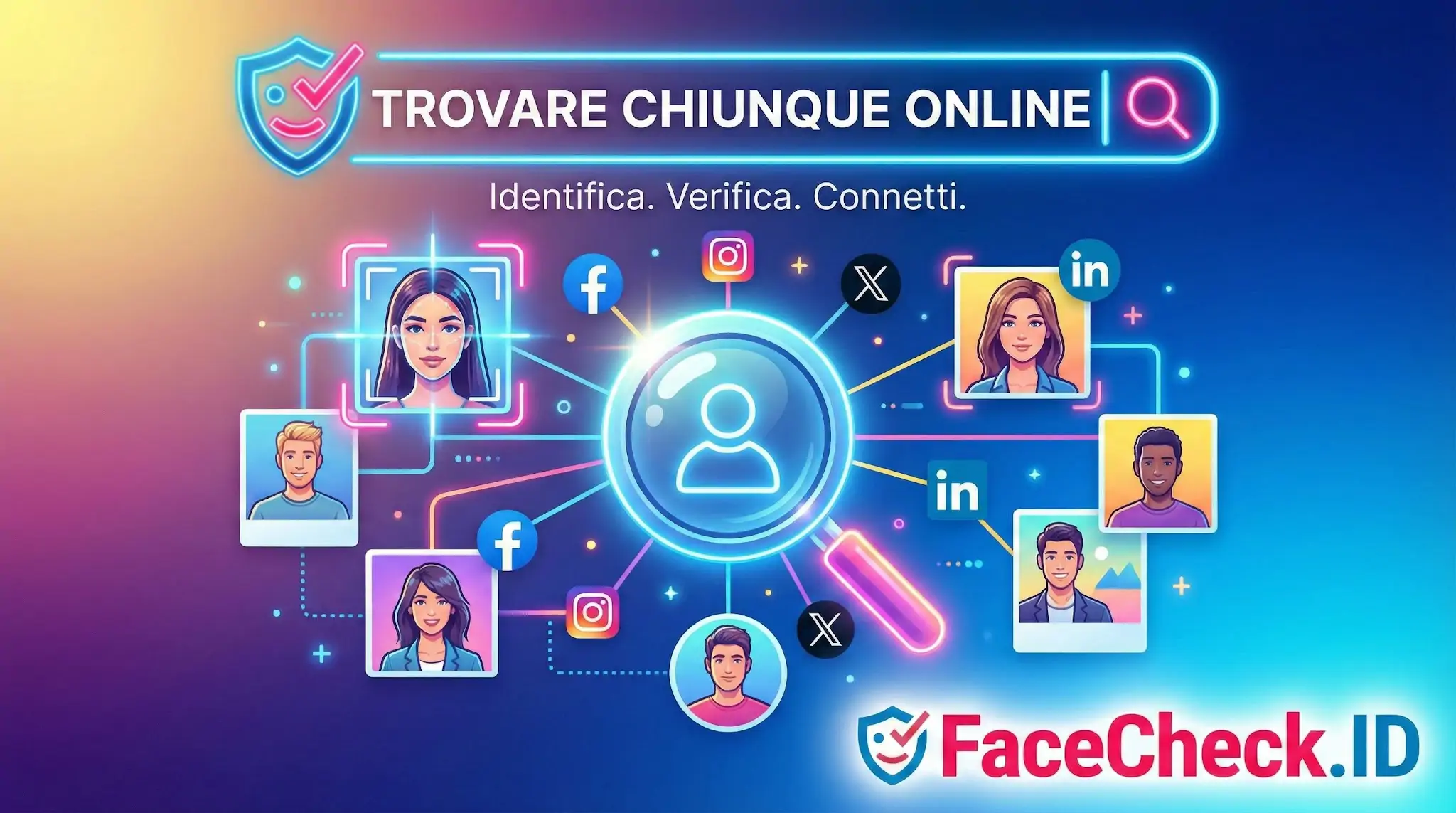 Banner FaceCheck.ID che illustra come Trovare Chiunque Online collegando volti a profili social per identificare e verificare.