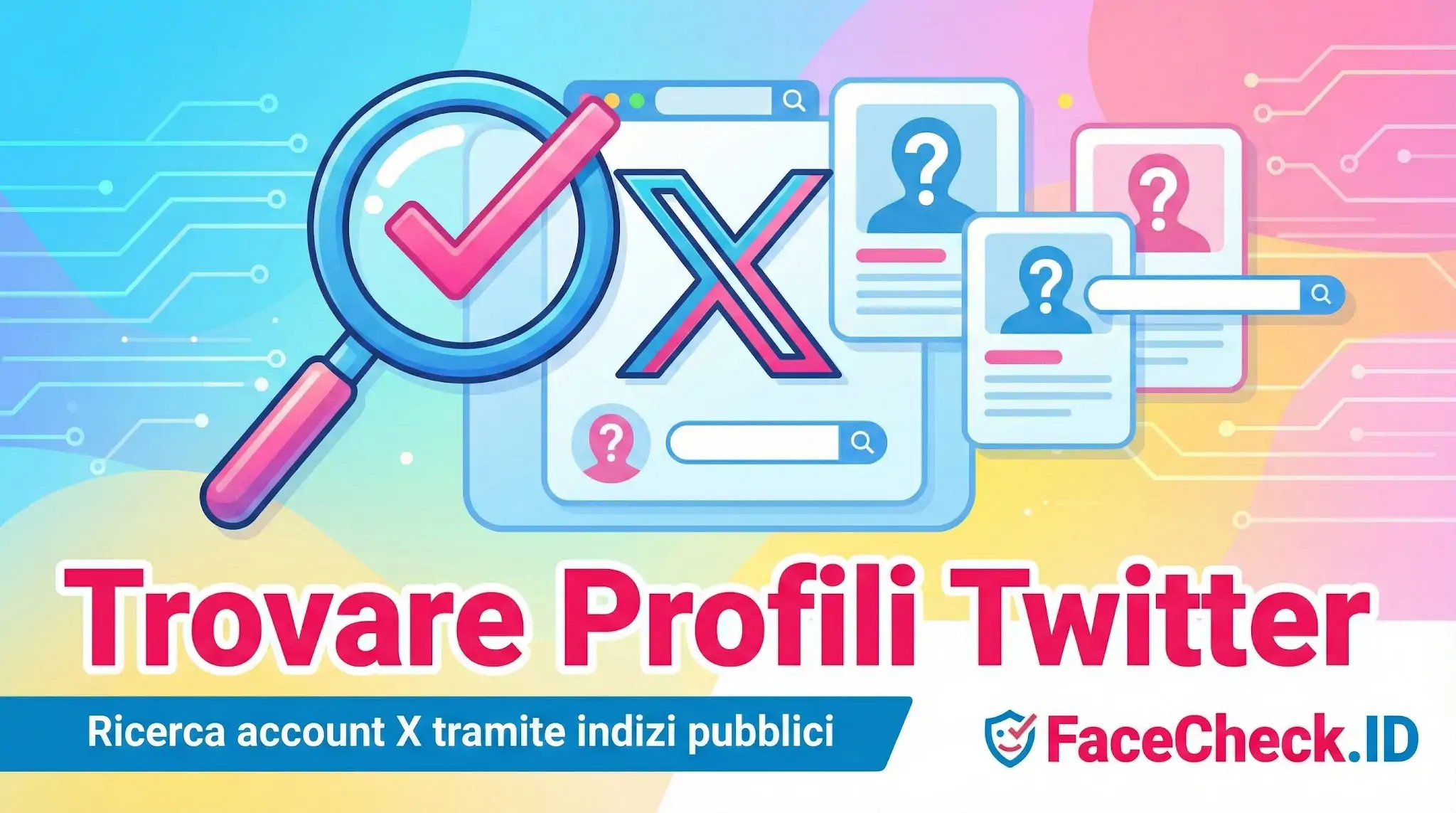 Grafica che illustra come Trovare Profili Twitter mostrando una lente dingrandimento e il logo X su vari account utente.