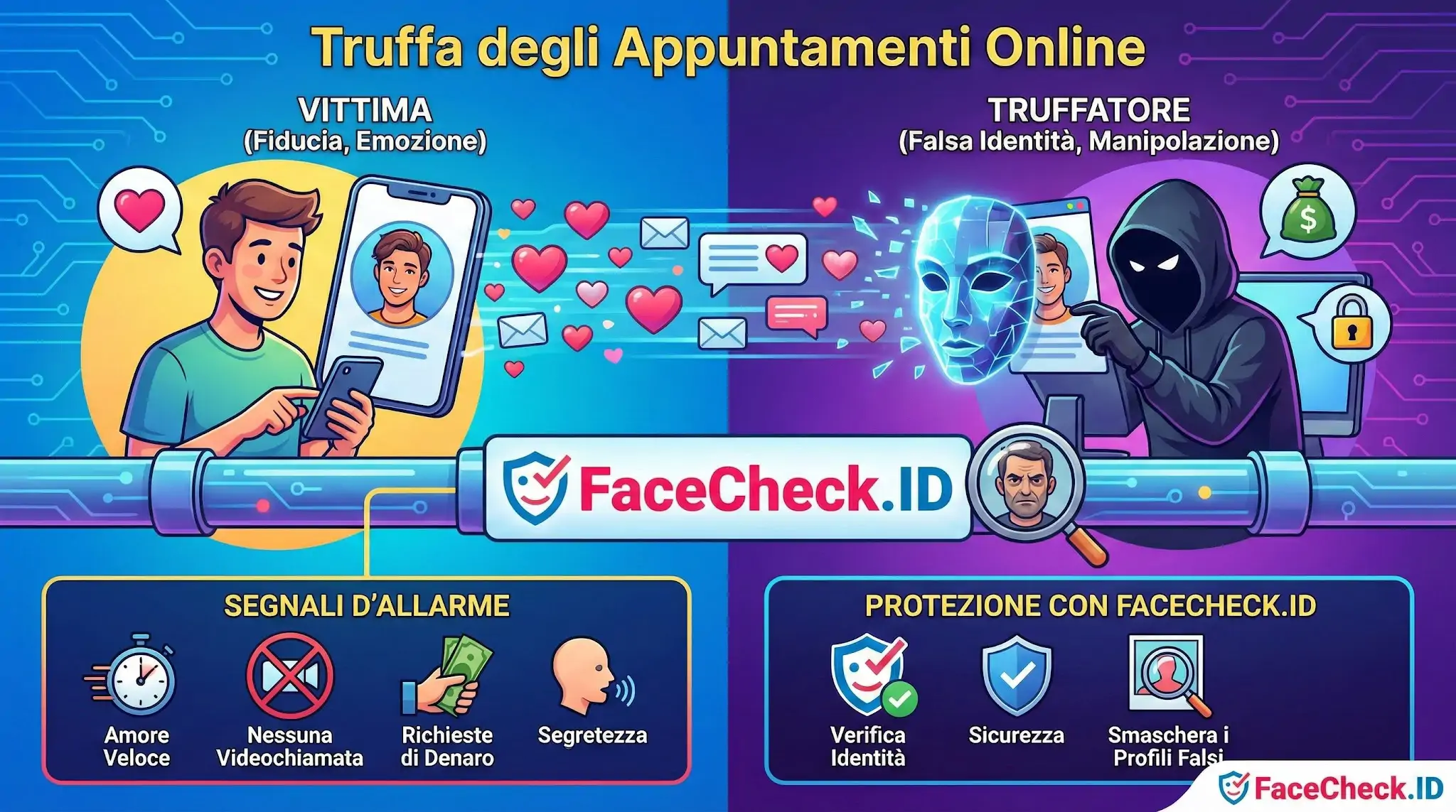 Infografica sulla truffa degli appuntamenti online che mostra come un truffatore usa identità false per ingannare le vittime e come FaceCheck.ID aiuta a svelarli.