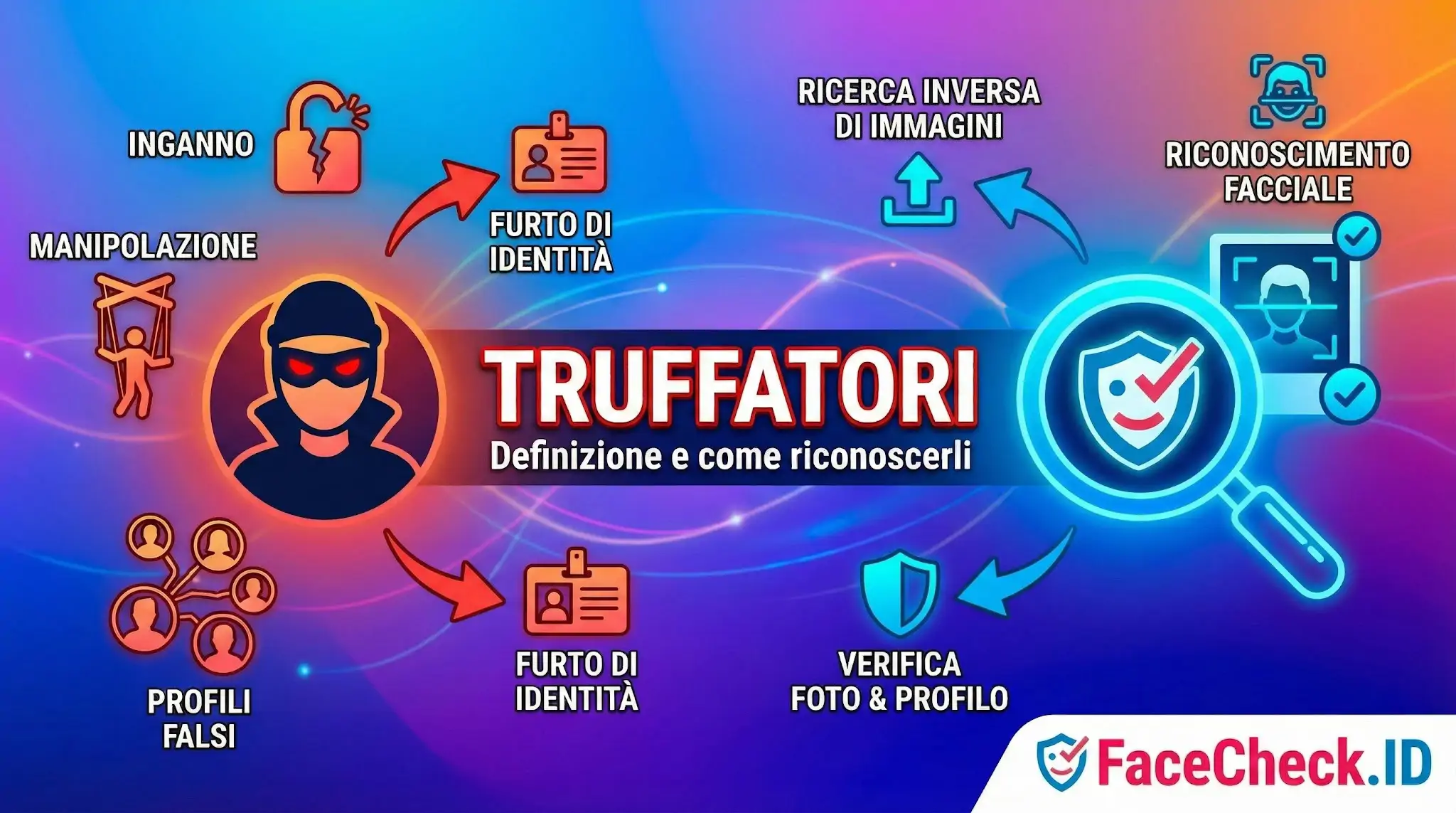 Infografica su come riconoscere i truffatori online: icone di inganno e profili falsi contrapposti a verifica e riconoscimento facciale.