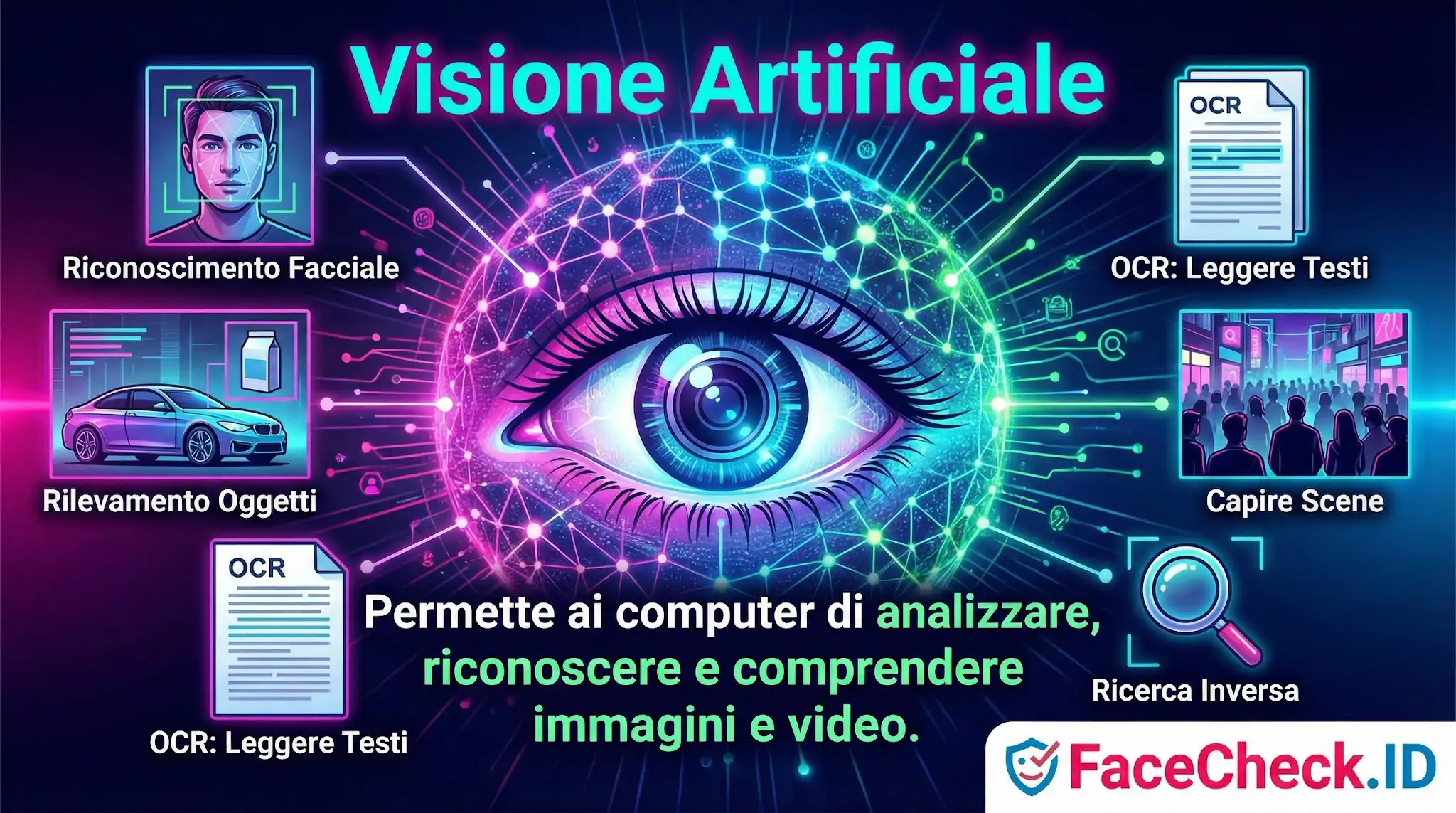 Infografica sulla Visione Artificiale che mostra un occhio digitale centrale e spiega come i computer analizzano immagini per riconoscimento facciale, OCR e rilevamento oggetti.