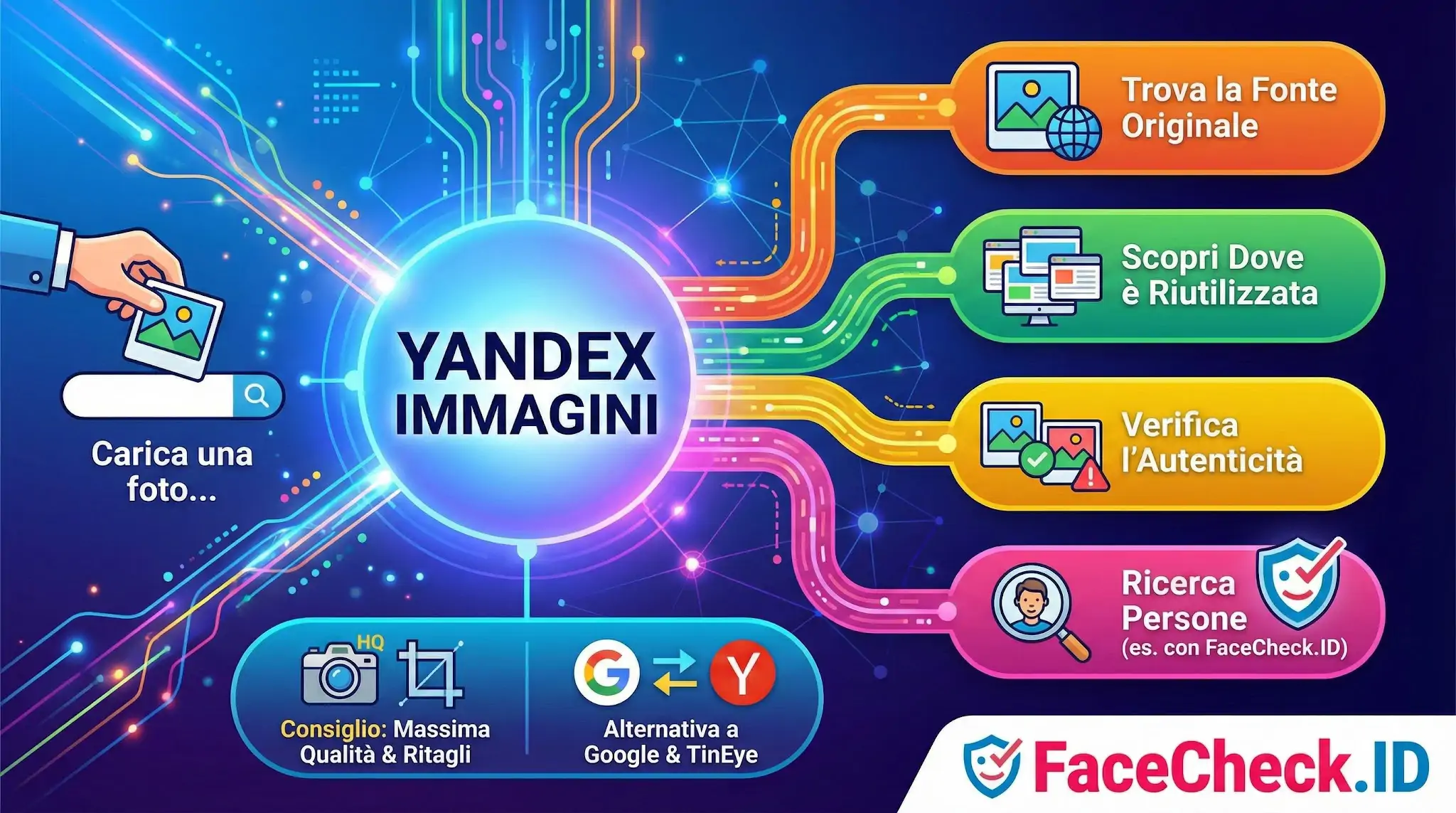 Infografica sulle funzioni di Yandex Immagini: ricerca inversa per trovare fonti, scoprire riutilizzi e verificare persone.