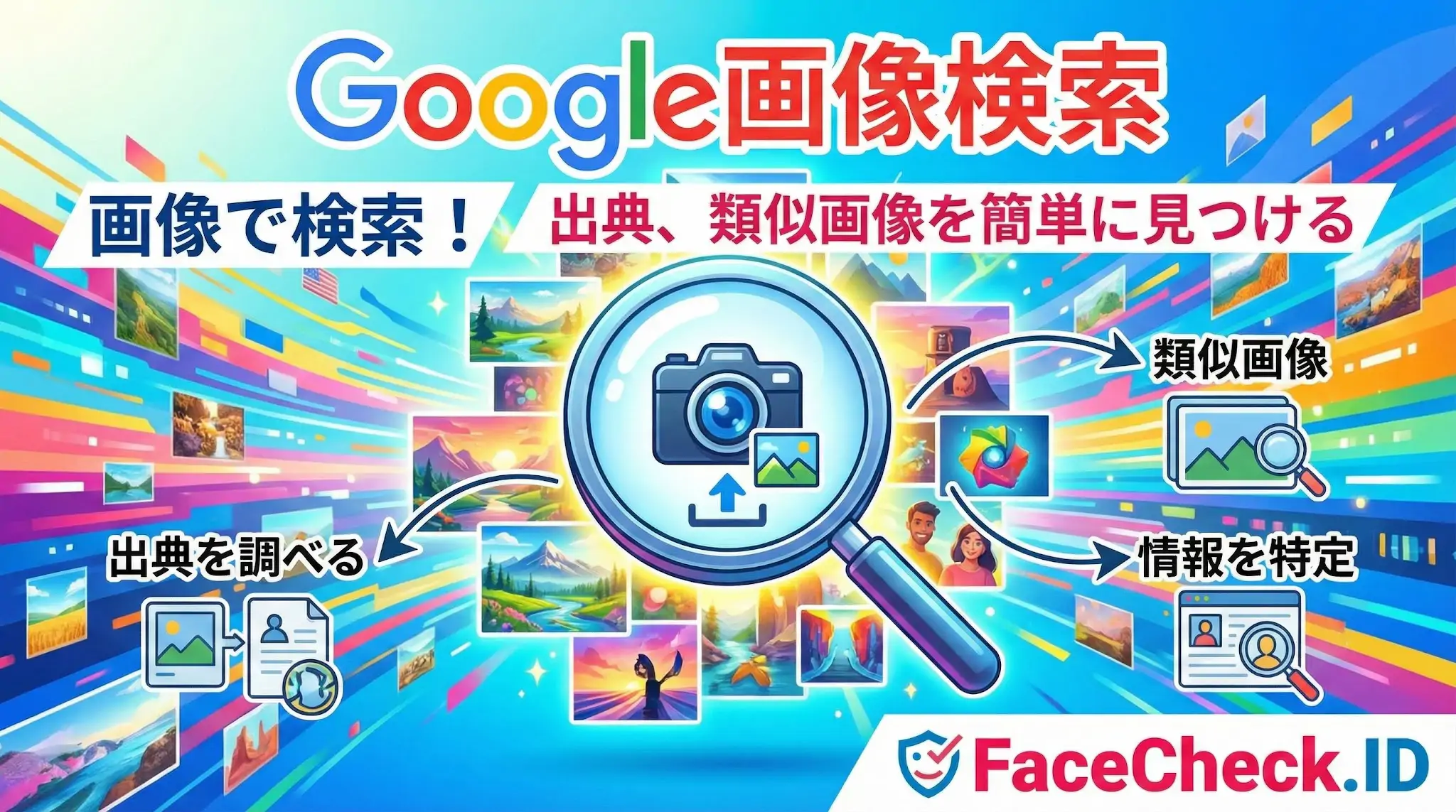 Google画像検索 Google画像検索の使い方を解説したインフォグラフィック。中央の虫眼鏡とカメラのアイコンから矢印が伸び、出典を調べる、類似画像を見つける、情報を特定するといった機能の利点を視覚的に表現しています。