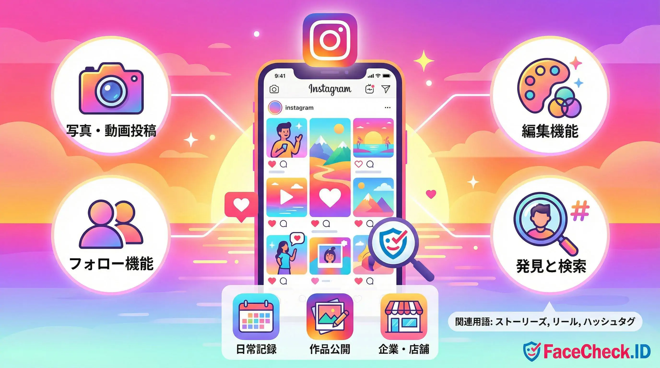 Instagramの主要機能を表すインフォグラフィック。写真・動画投稿、編集機能、フォロー機能、発見と検索のアイコンがスマホを囲み、下部には日常記録や店舗利用などの用途が示されています。