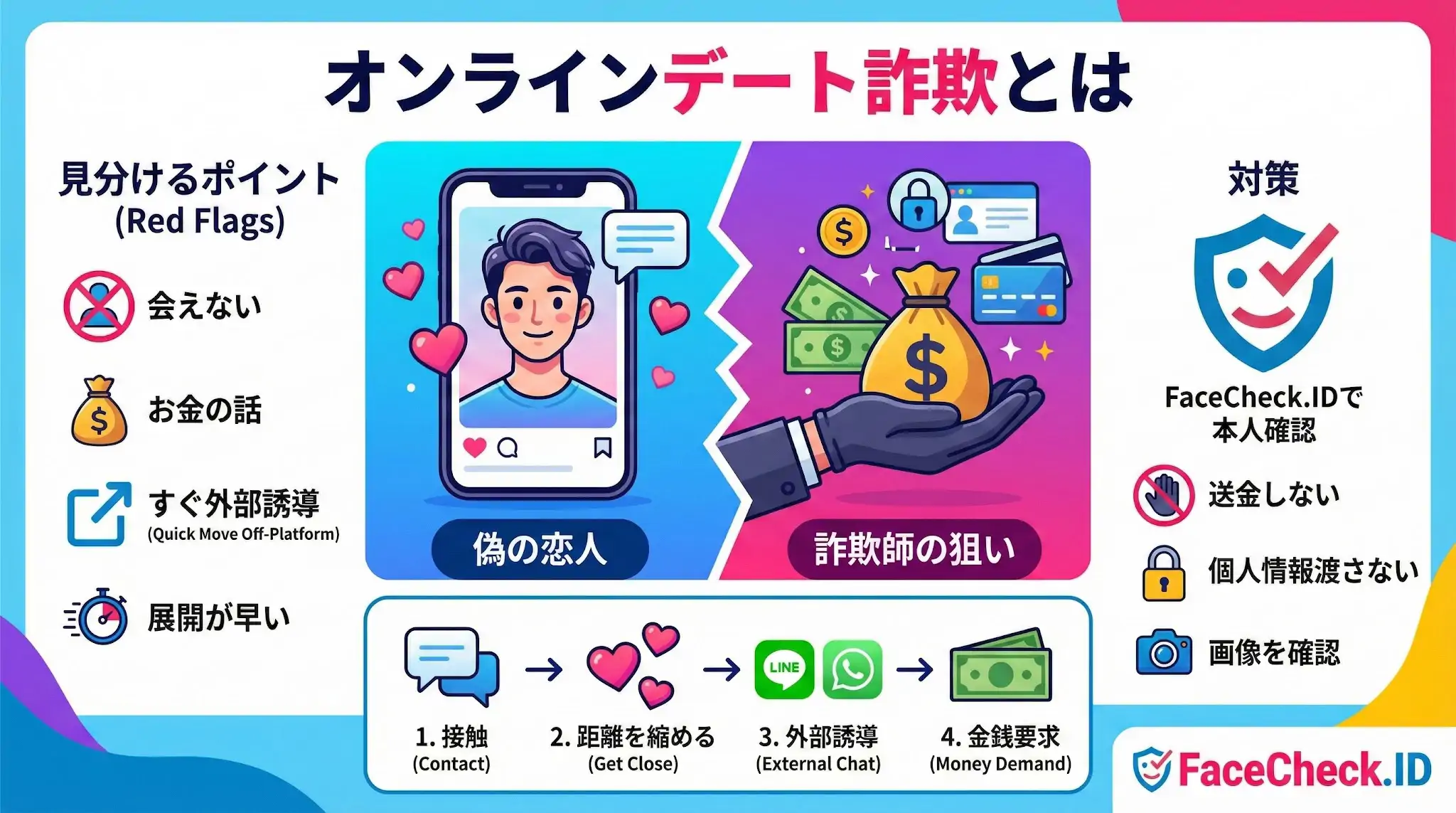 オンラインデート詐欺の手口を解説。偽の恋人が外部へ誘導し金銭を要求する流れや、会えない等の見分けるポイント、FaceCheck.IDでの本人確認などの対策。
