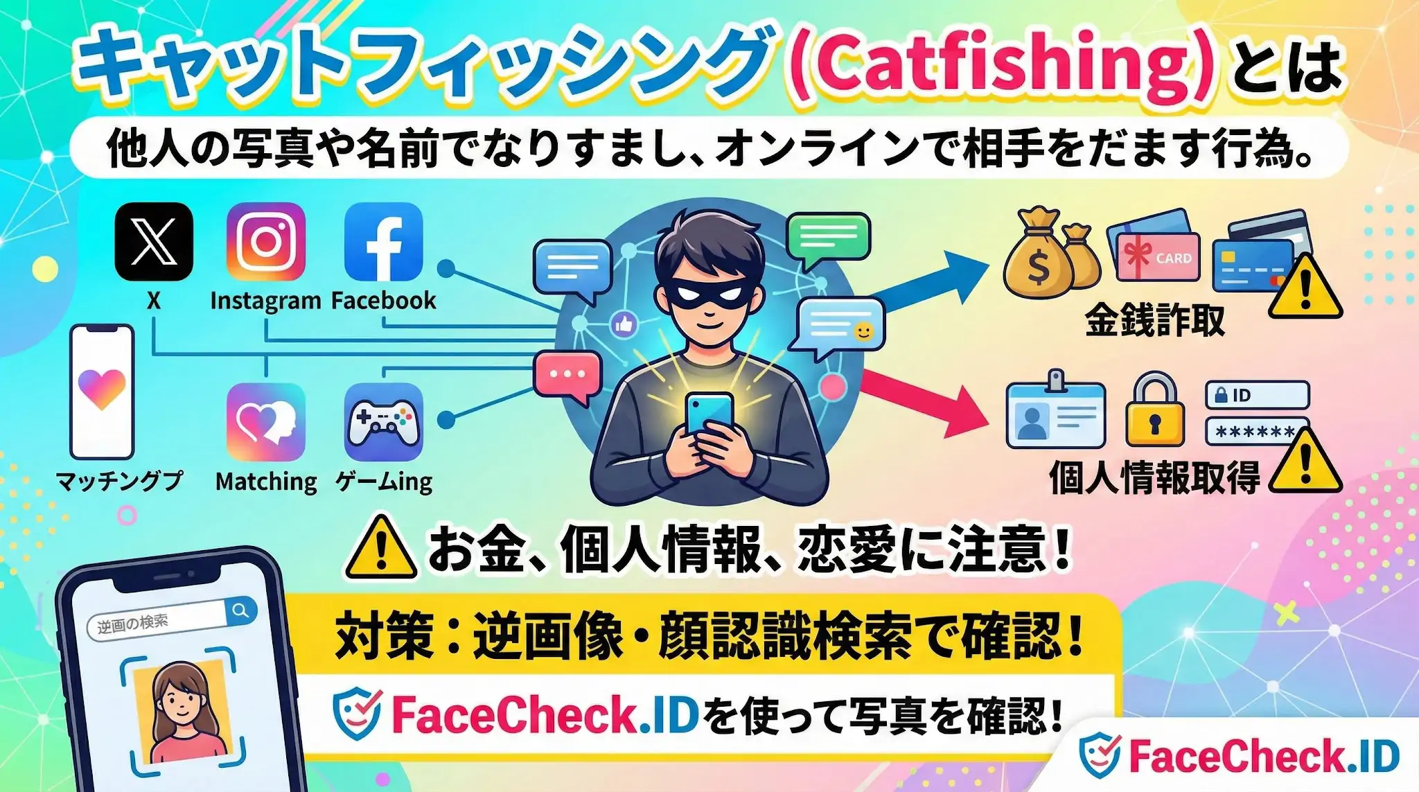 キャットフィッシングとは、SNSやマッチングアプリで他人の写真や名前を使ってなりすまし、金銭や個人情報をだまし取る詐欺行為です。FaceCheck.IDを使った逆画像検索で対策できます。