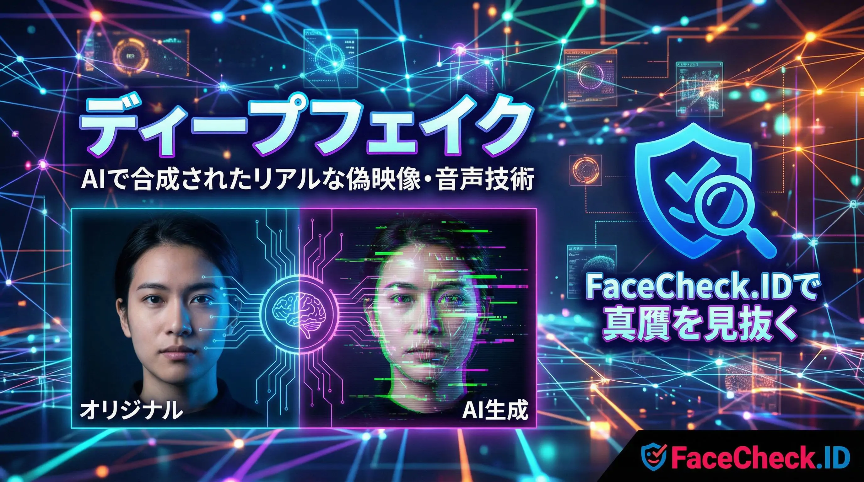 AIによるディープフェイク技術と、それを見抜くFaceCheck.IDの仕組みを解説した図。左側には本物の女性の顔（オリジナル）とAI生成された顔の比較画像が表示され、FaceCheck.IDで真偽を判定できることを示しています。