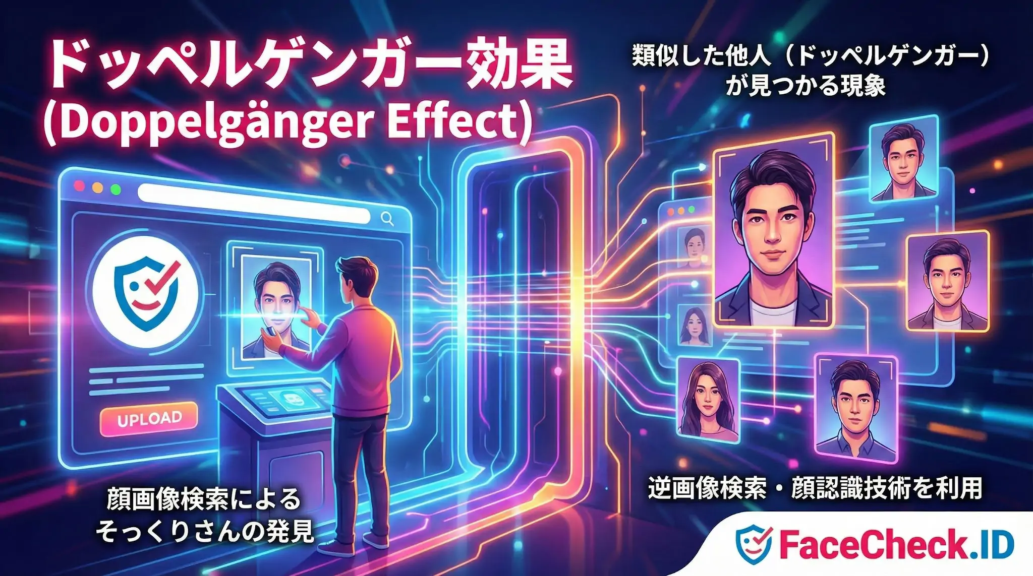 ドッペルゲンガー効果で自分に似た他人を見つける様子。顔画像検索や顔認識技術を使い、そっくりさんを発見するプロセスを描いたFaceCheck.IDのイラスト。