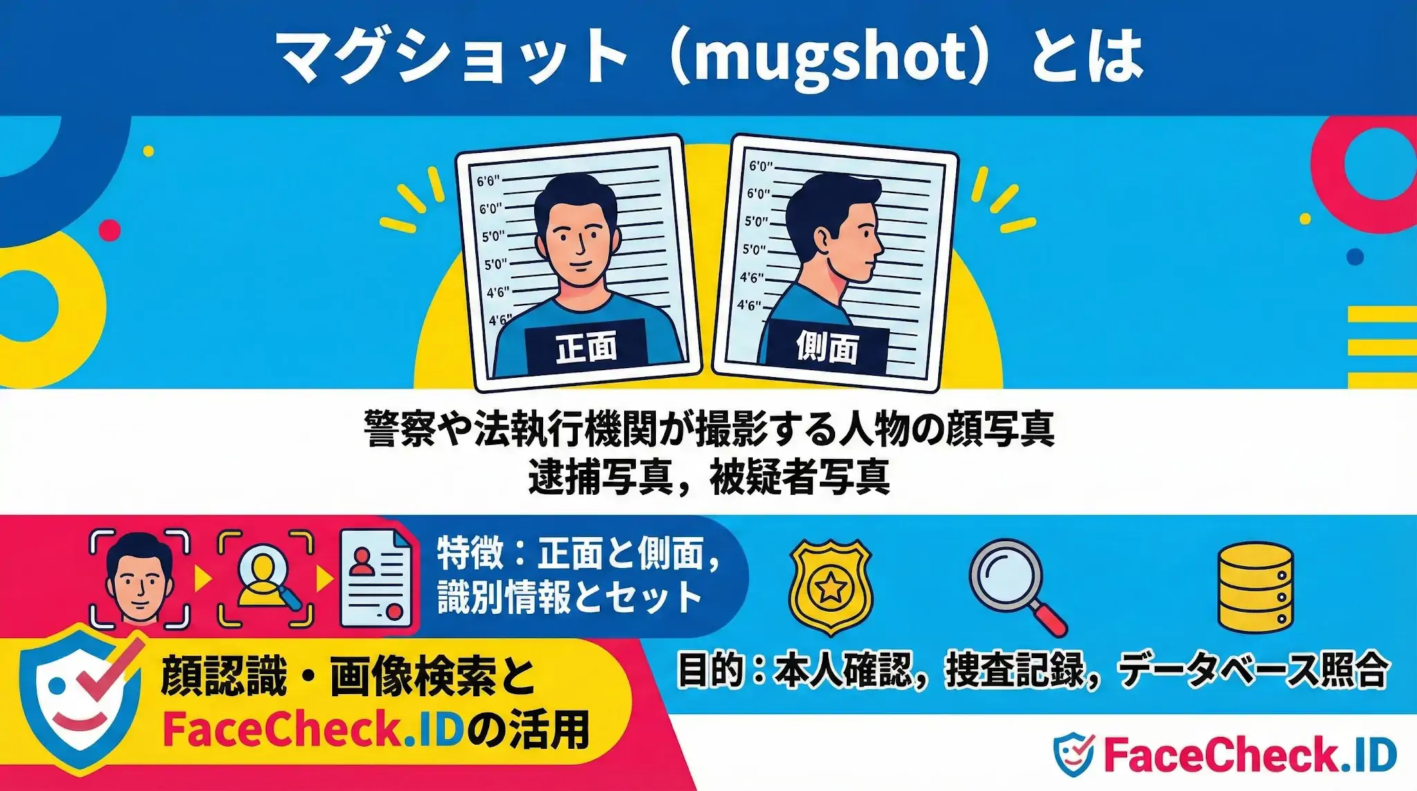 マグショット（逮捕写真）を解説した図解。警察が撮影する被疑者の正面と側面の顔写真を示し、本人確認や捜査、FaceCheck.IDでの画像検索への活用について説明しています。