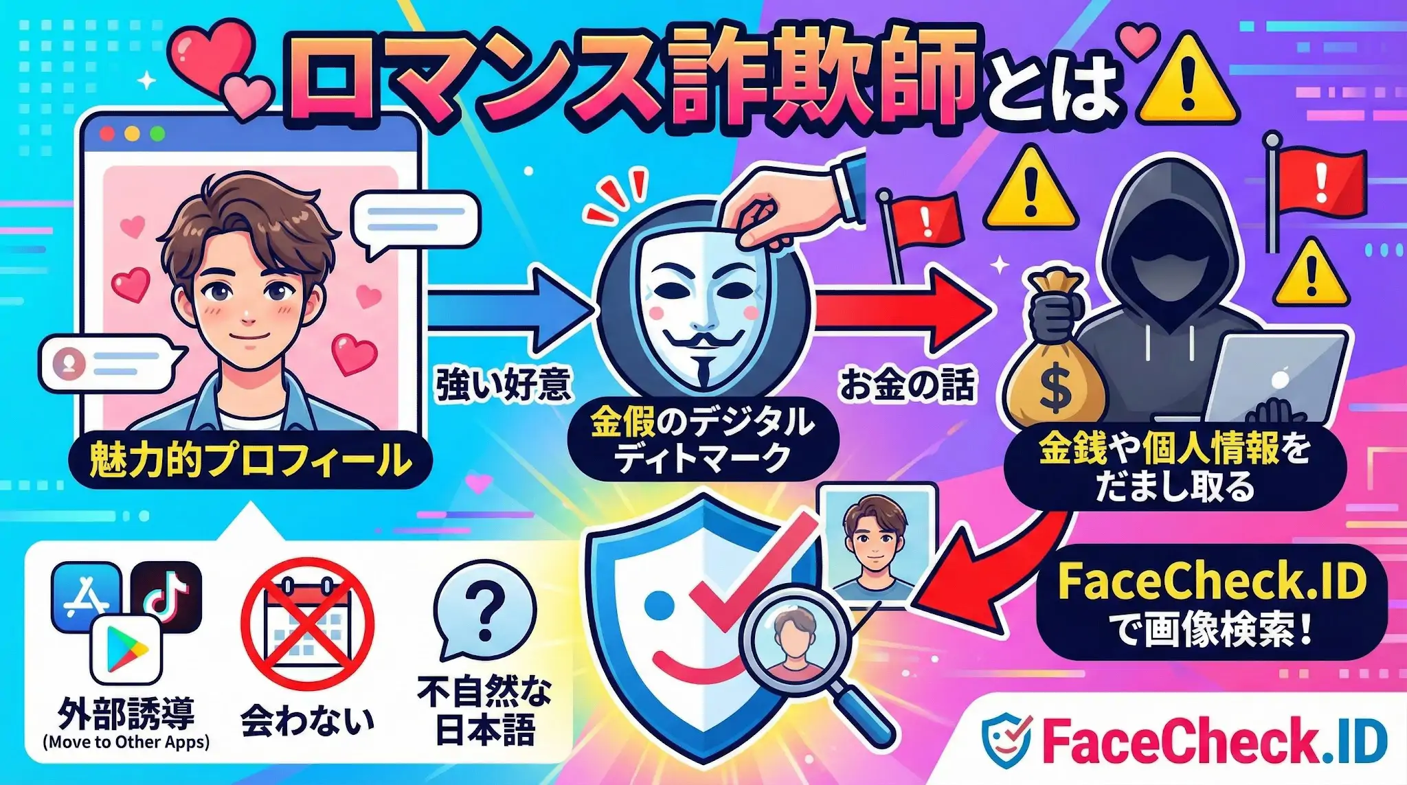 ロマンス詐欺師の手口を示す図解：魅力的なプロフィールから強い好意で近づき、裏の顔で金銭を要求する流れを説明。対策としてFaceCheck.IDでの画像検索や、不自然な日本語への注意喚起が含まれています。
