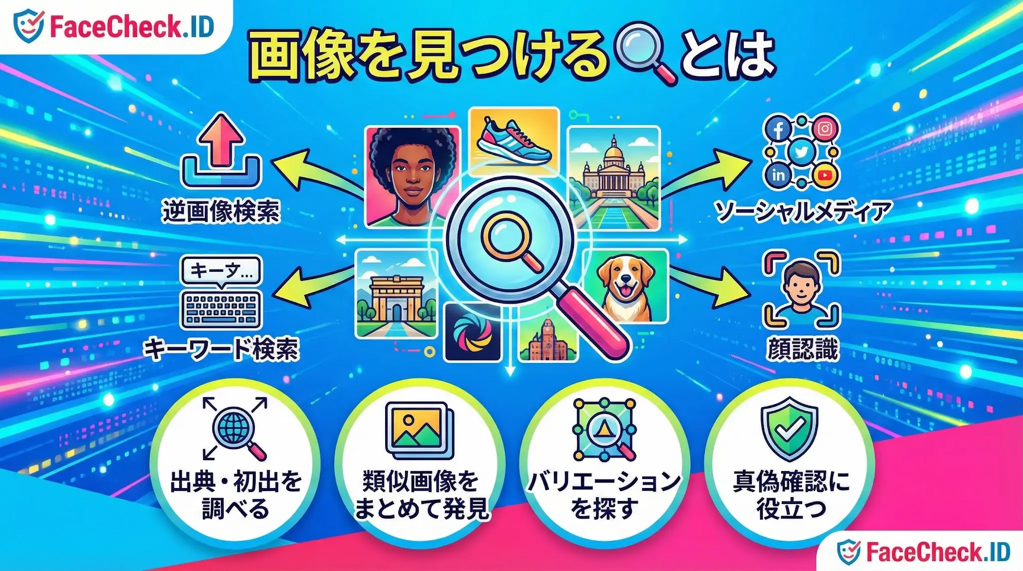 FaceCheck.IDのインフォグラフィック。「画像を見つけるとは」というタイトルの下、逆画像検索、キーワード検索、ソーシャルメディア、顔認識の4つの手法を図解。出典調査や真偽確認など検索の活用メリットも示しています。