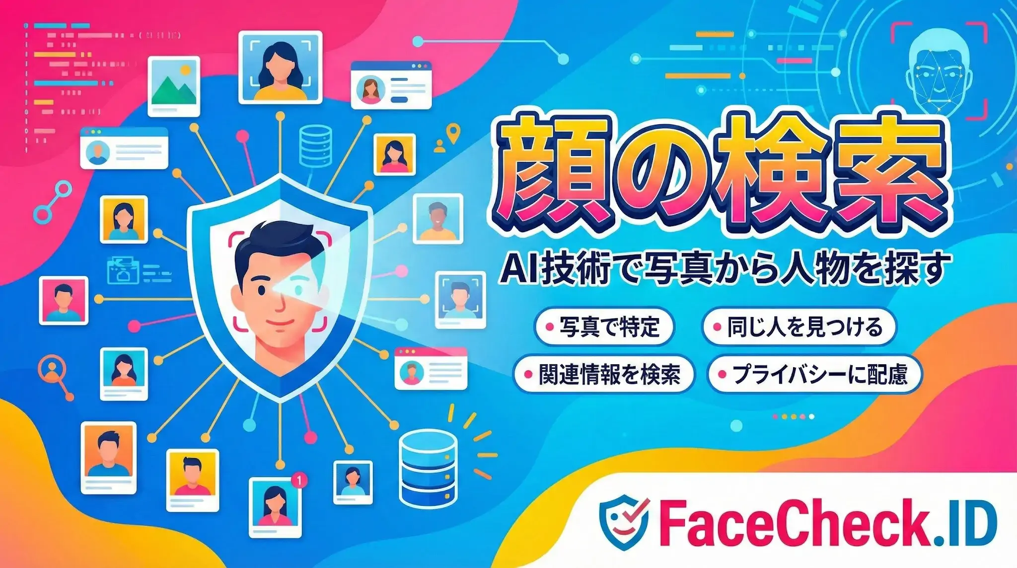 顔の検索 FaceCheck.IDのプロモーション画像。中央の盾アイコン内の男性の顔と、周囲に広がる様々な顔写真がネットワークでつながり、「顔の検索」の文字がAI技術で人物を探す機能を表しています。