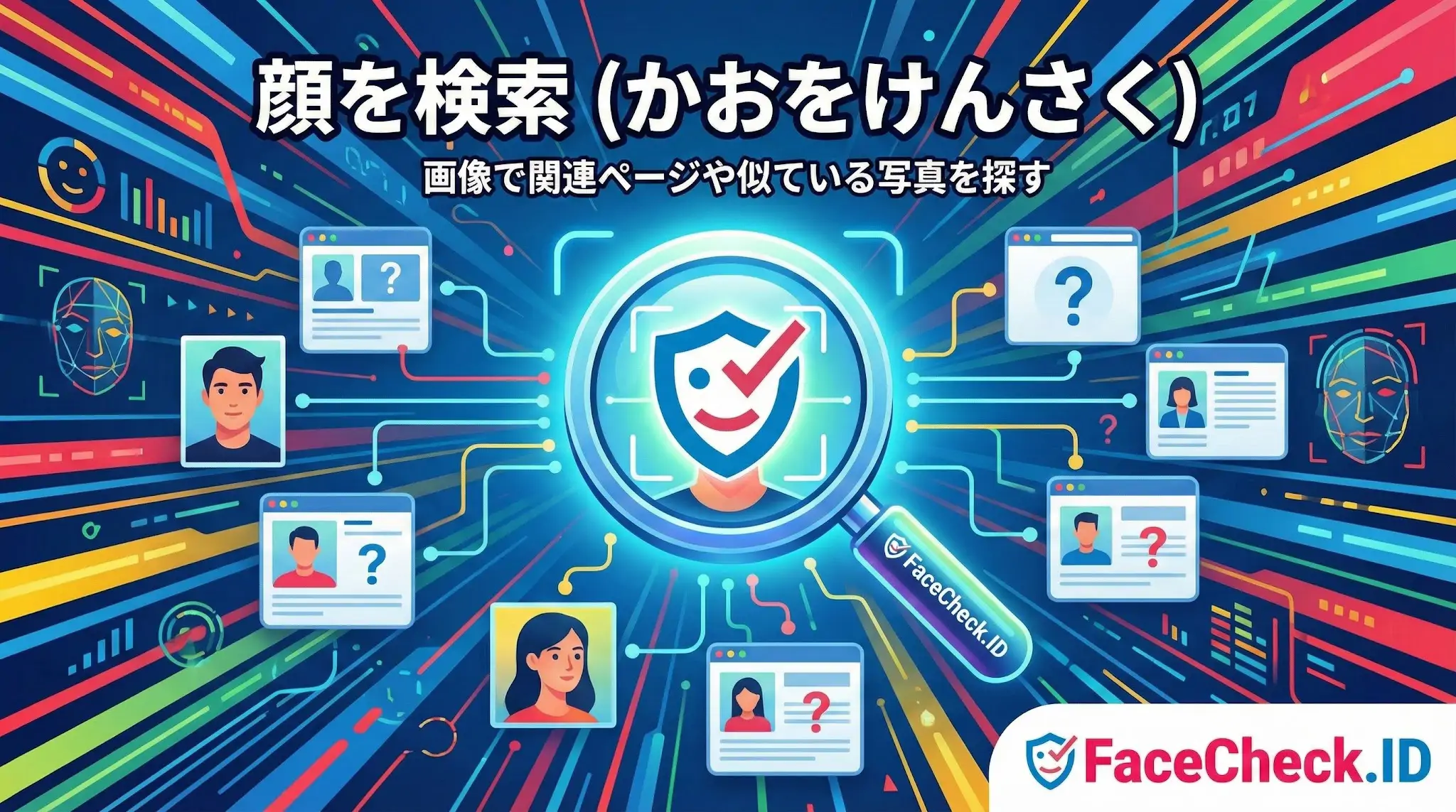 「顔を検索」のタイトル文字と、虫眼鏡を使ってネット上の複数の顔写真や関連ページを探し出す様子を描いたFaceCheck.IDのイメージ図