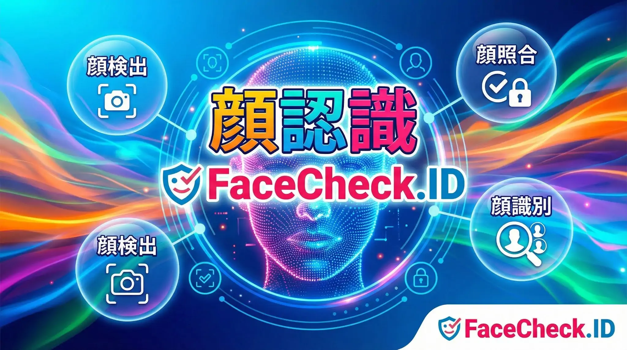 中央のデジタルフェイスと「顔認識」の文字を囲むように、顔検出・顔照合・顔識別のアイコンが配置された、FaceCheck.IDのサービスの概念図。