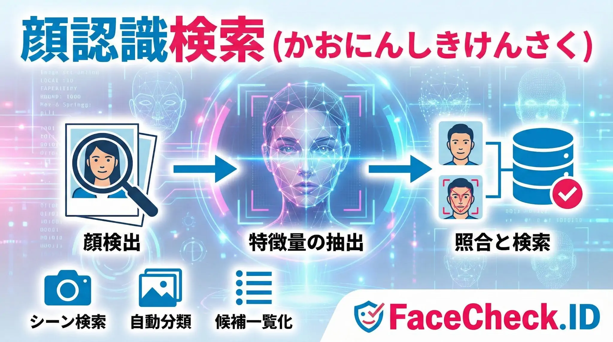 顔認識検索の仕組みを3ステップで解説した図解。顔検出、特徴量の抽出、データベース照合の流れを示し、シーン検索や自動分類への活用も記載。