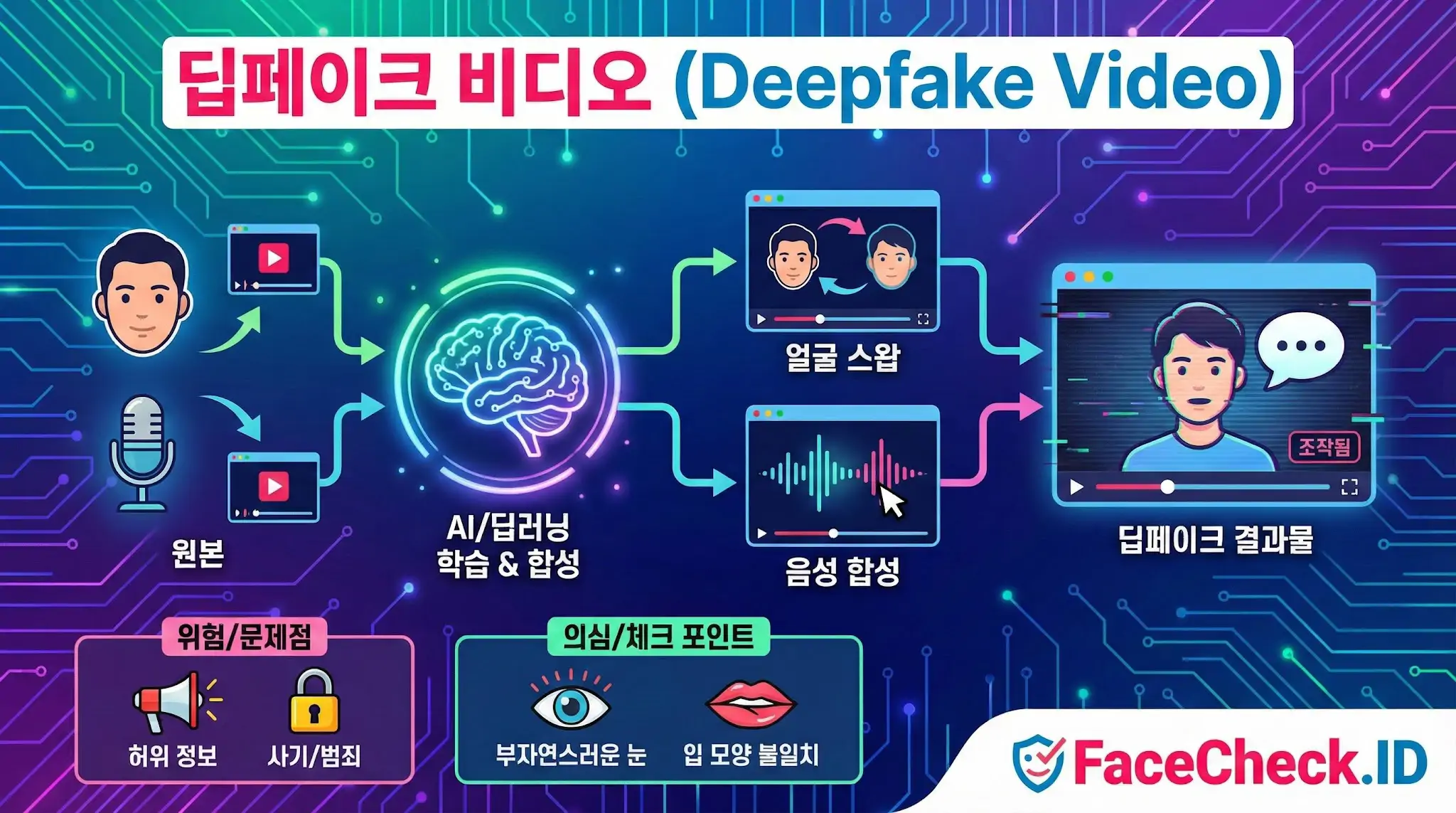 딥페이크 비디오 AI 학습과 합성을 거쳐 얼굴 및 음성 합성이 이루어지는 딥페이크 비디오 제작 과정과 허위 정보, 사기 등 위험 요소를 설명하는 인포그래픽입니다.
