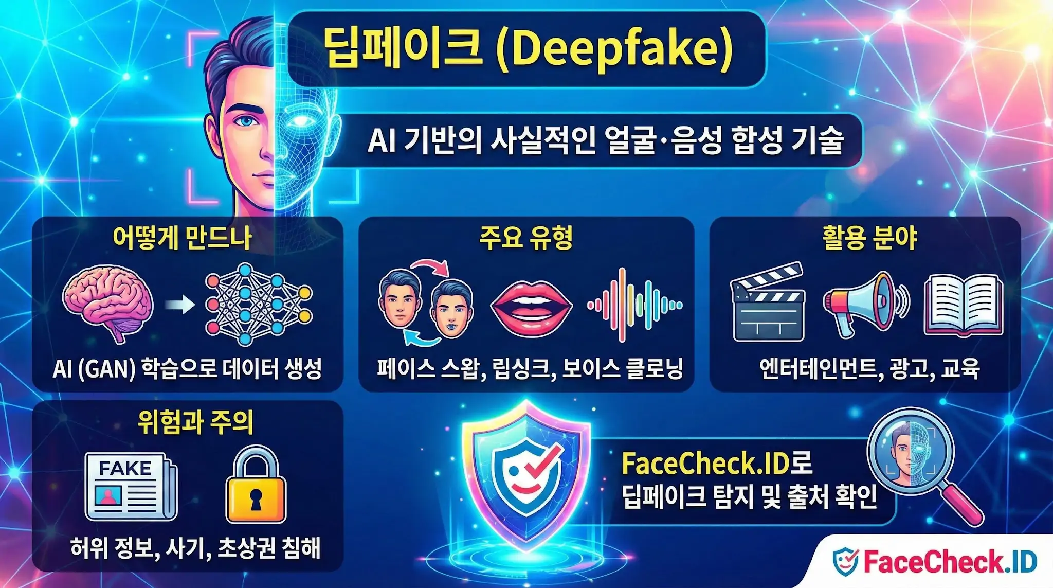 딥페이크 AI 기반 얼굴 및 음성 합성 기술인 딥페이크의 생성 원리, 유형, 활용 분야, 위험성 및 페이스체크 ID를 통한 탐지 방법을 설명하는 인포그래픽