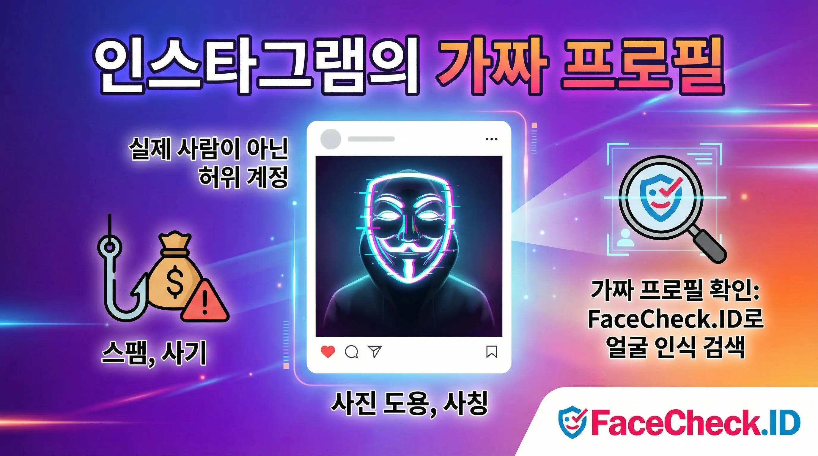 인스타그램의 가짜 프로필을 구별하는 FaceCheck.ID 서비스 소개와 사기, 사진 도용 피해 예방 안내 그래픽