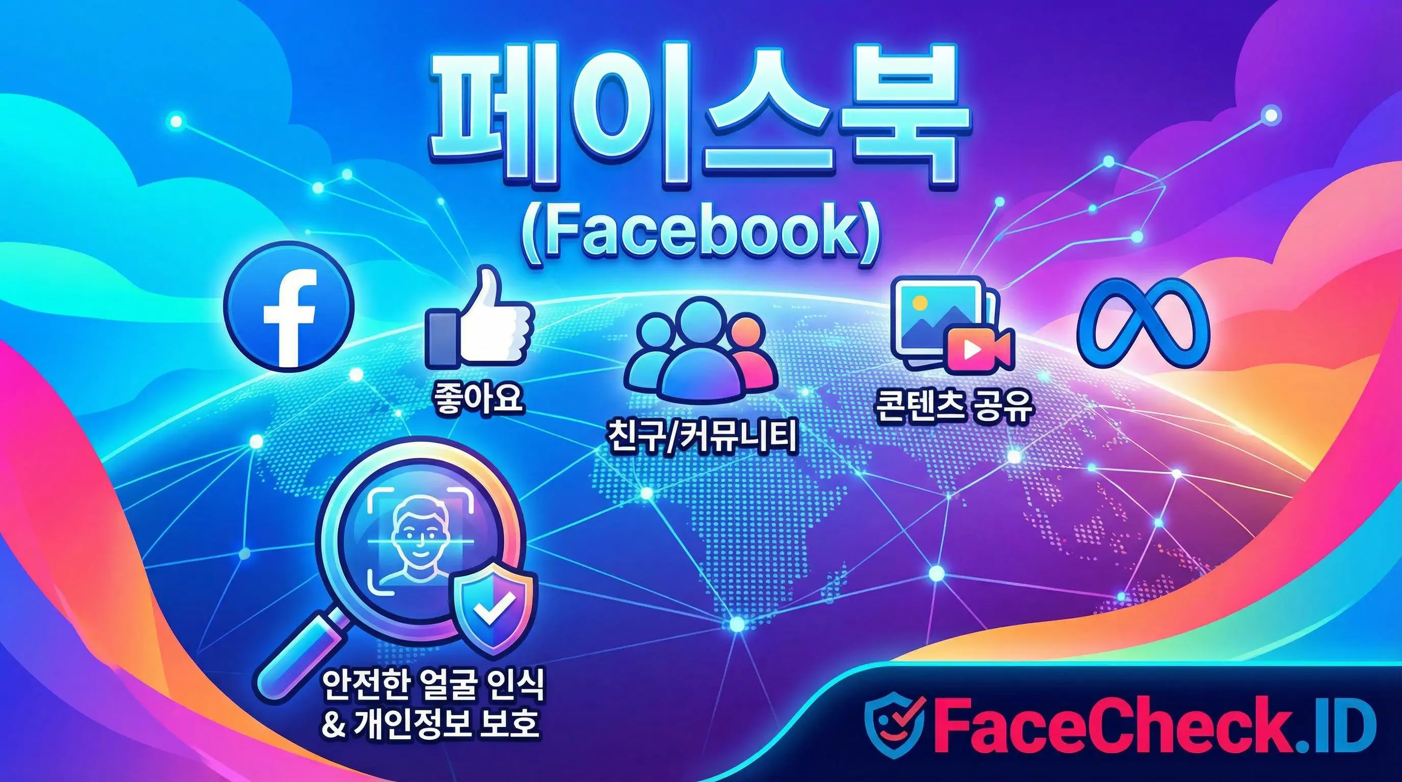 페이스북 페이스북의 주요 기능을 설명하는 인포그래픽입니다. 좋아요, 친구 커뮤니티, 콘텐츠 공유, 얼굴 인식 보안 기능을 아이콘으로 시각화했습니다.